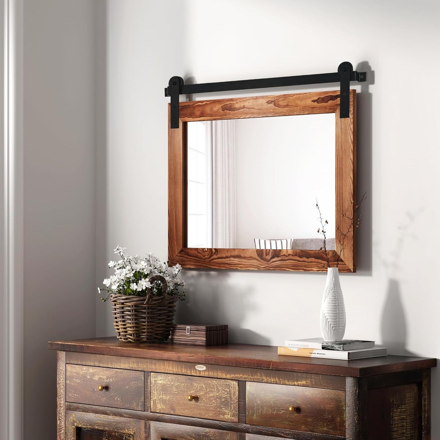 COGOOD Farmhouse Barn Door Mirror - 25 X 18 Rustic Wood Framed Decrative Mirror for Bathroom, Living Room, Entryway Wall Decor (Brown)