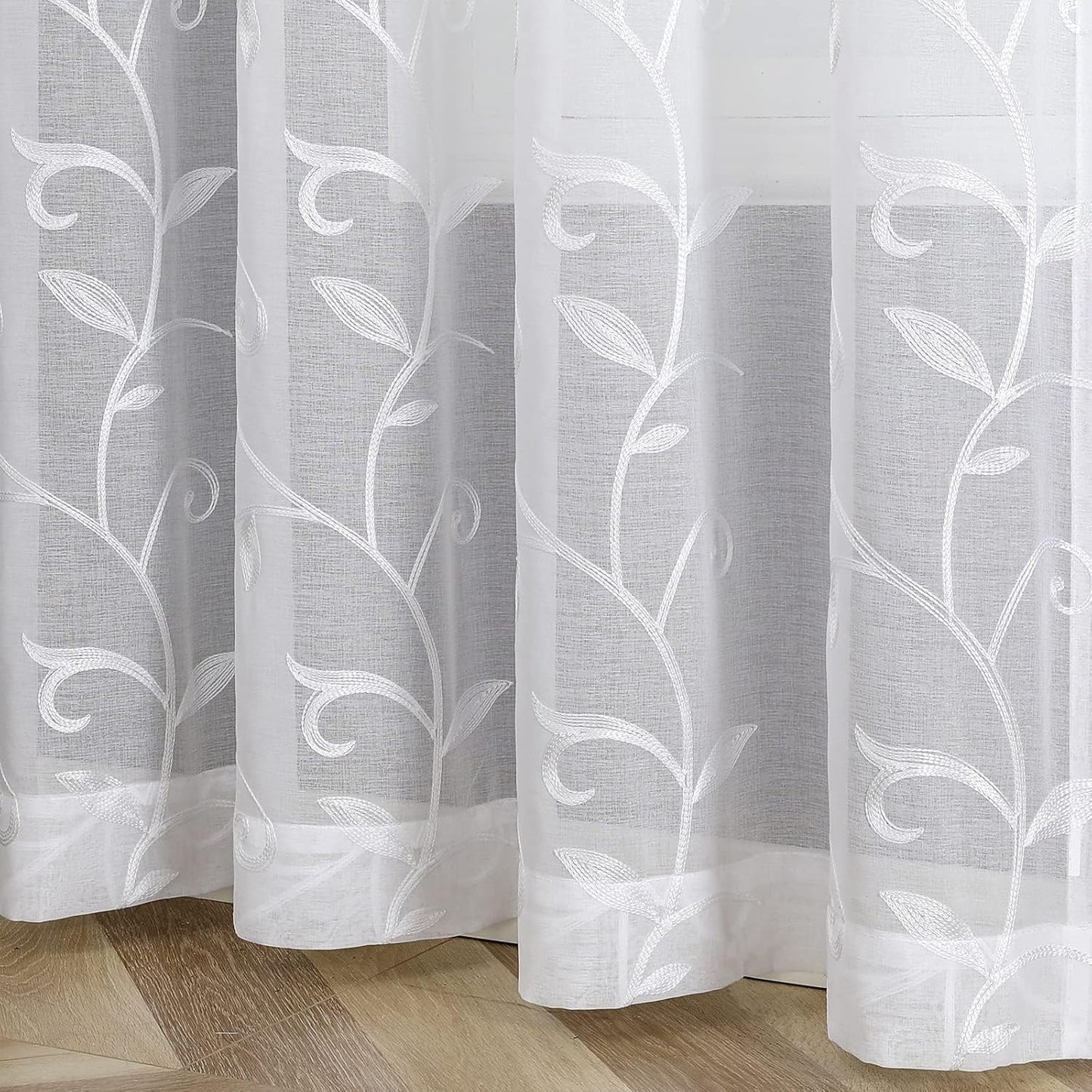 VISIONTEX Sheer Curtains 120 inch Length 2 Panels Set, White Voile Crushed Vine Leaves Embroidery, Rod Pocket Embroidered Window Drapes for Living Room and Bedroom, 54" x 120"