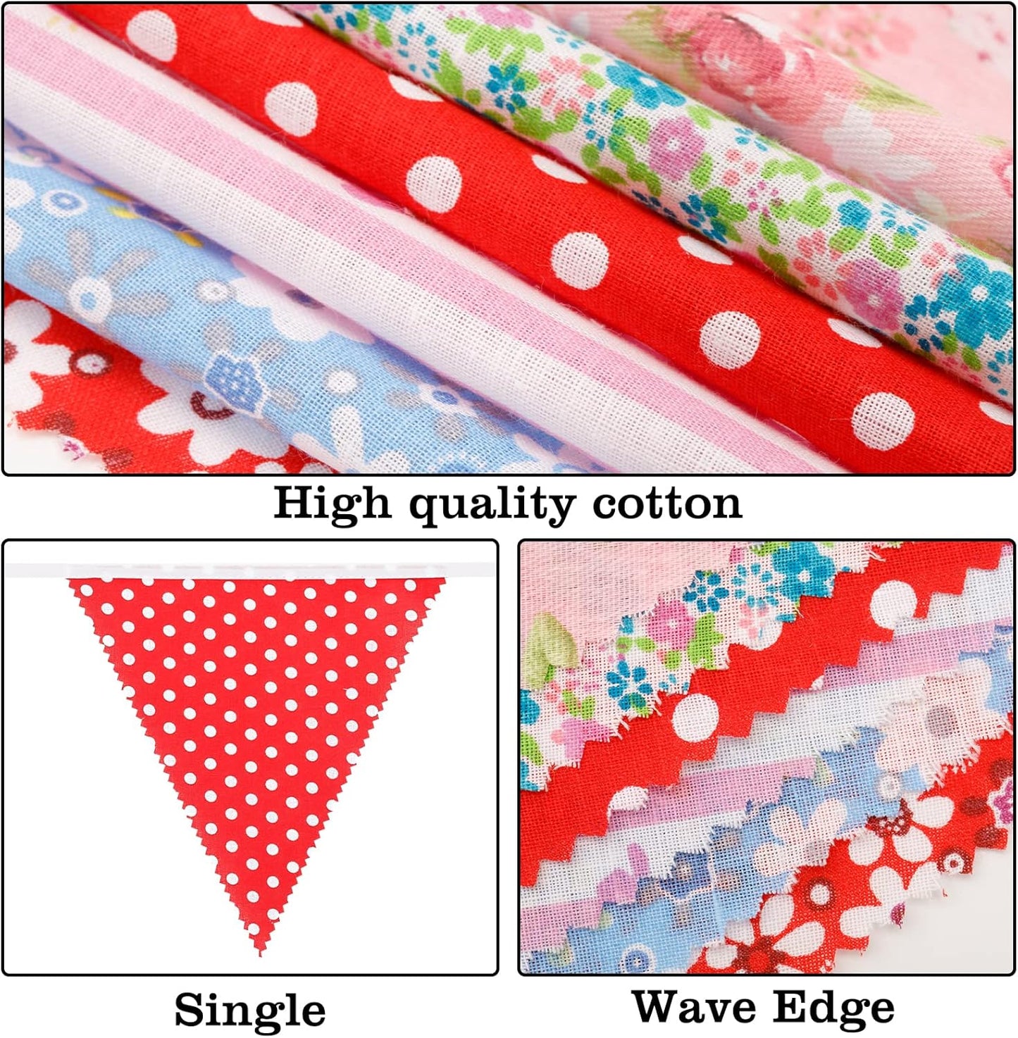 jijAcraft 39Ft Triangle Bunting Banner, 42Pcs Tea Floral Party Bunting Cotton Fabric Flags Pennant Garlands for Birthday Party, Wedding, Baby Shower, Outdoor and Home Decoration(Red Blue and White)