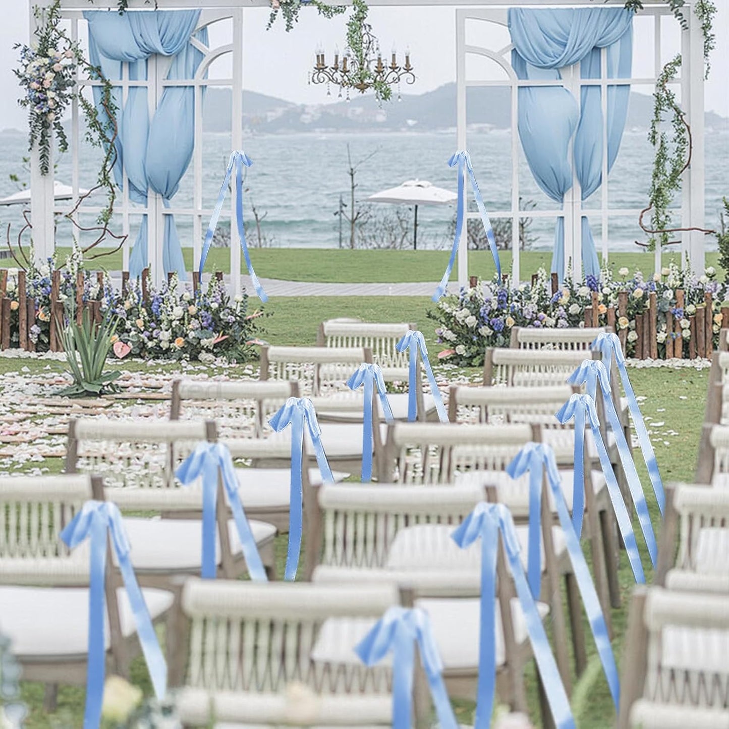 24 Pcs Large Wedding Blue Ribbon Bows for Wedding Chairs Decorative Ribbon Sashes for Pew Back Elegant Ceremony Ribbons for Bridal Shower Banquet Marriage Ceremony