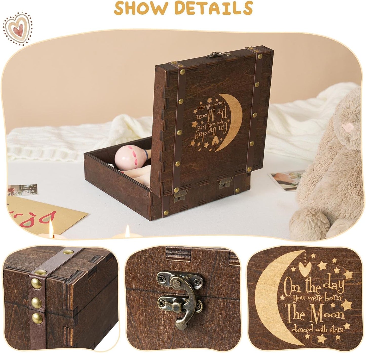 AW BRIDAL Baby Keepsake Box Engraved Wood Memory Box for Baby Newbron Girls Boys Stroage Box with Lid Baby Shower Gifts Wood Storage Box