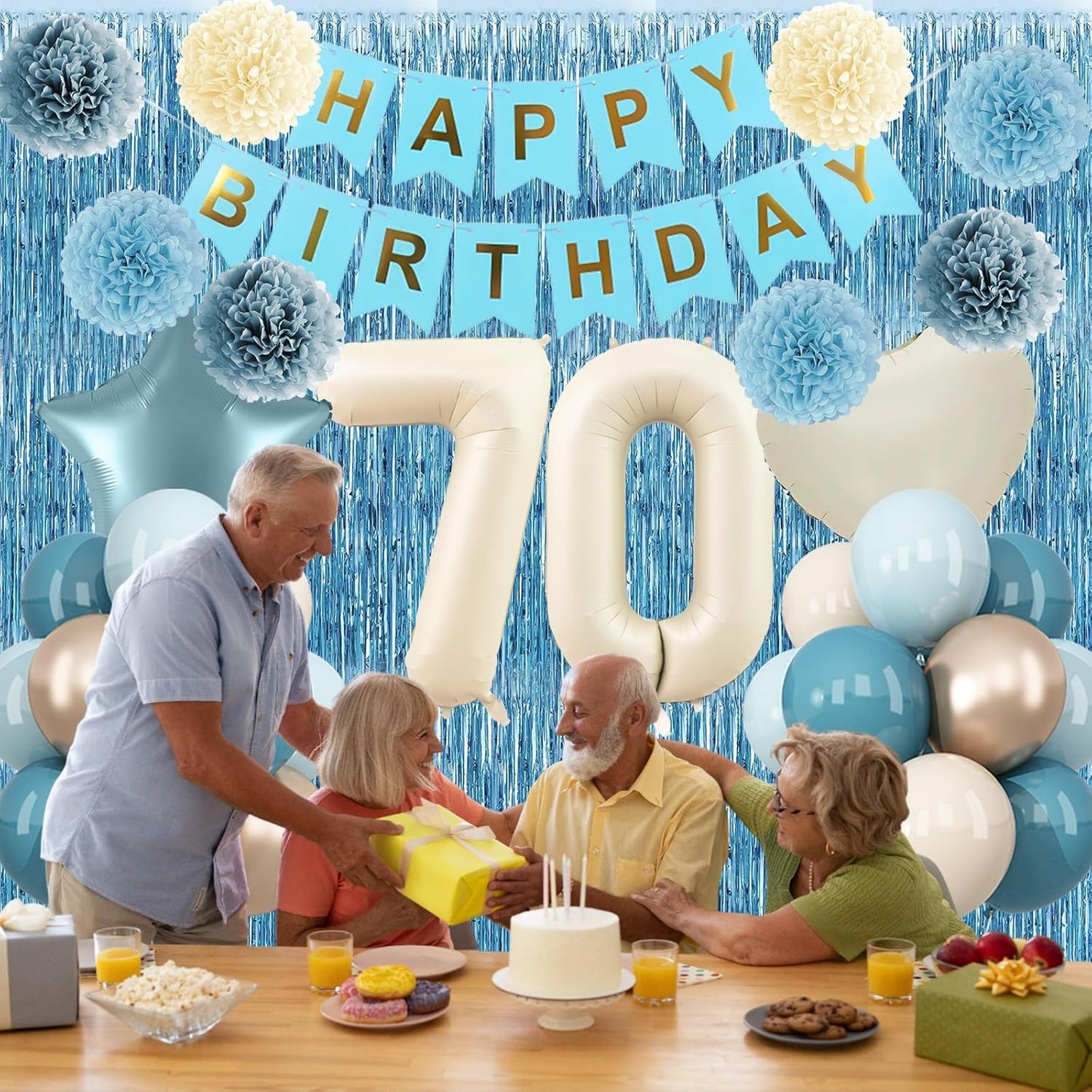 Dusty Blue 70th Birthday Party Decorations for Women Men Beige Cream Number 70 Balloon with Blue Gold Happy Birthday Banner Fringe Curtain Paper Pom Poms Nude White Sand Champagne Star Foil Balloons