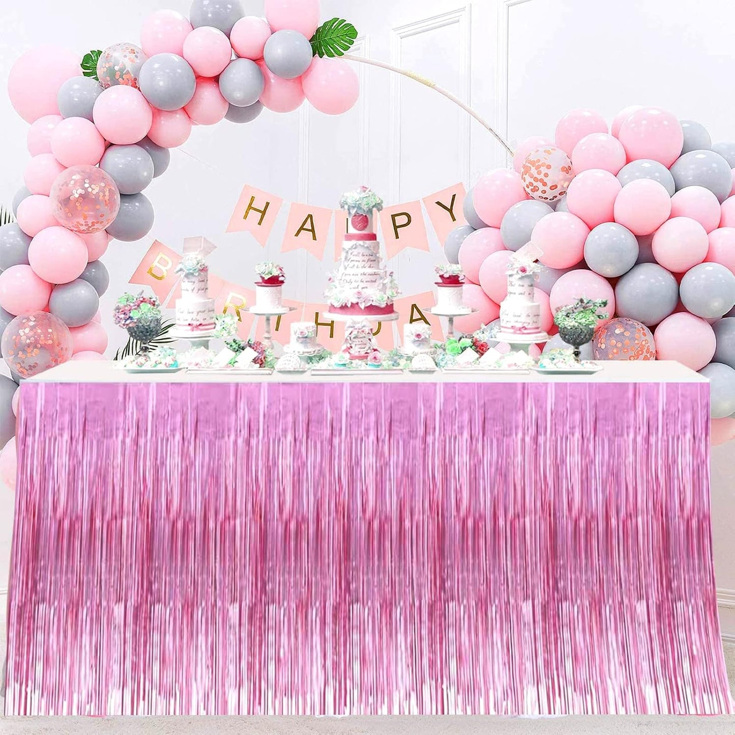 4 Pack 29x108 Inch Valentine's Day Metallic Foil Fringe Tinsel Table Skirts for Rectangle Tables Streamer Curtains Backdrop for Wedding, Birthday, Parade Floats Mardi Gras Party Decorations(Pink)