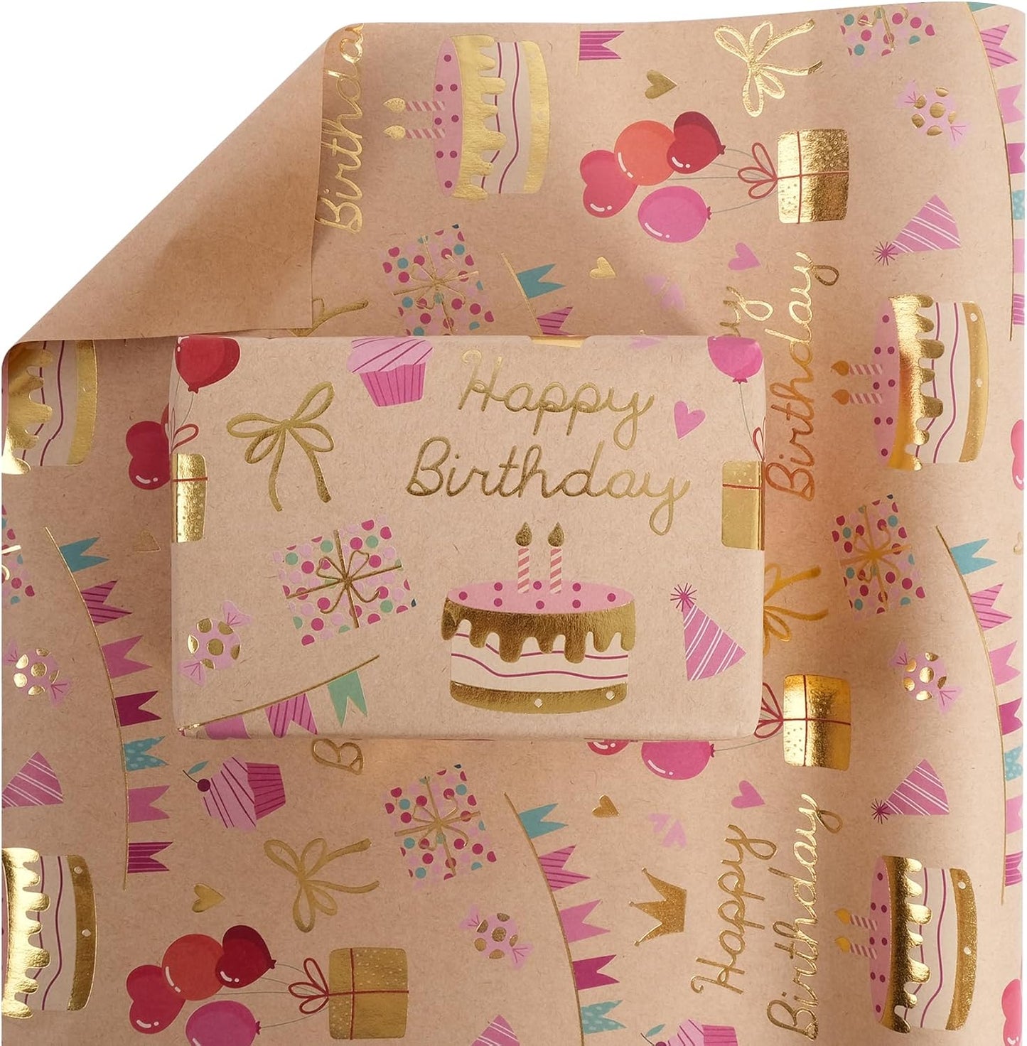 Aimyoo Birthday Wrapping Paper Roll - 17 Inch X 32.8 Feet - Gold Foil Celebration Cake, Gift Box,Happy Birthday Lettering Design Gift Wrap for Kids, Baby Showers