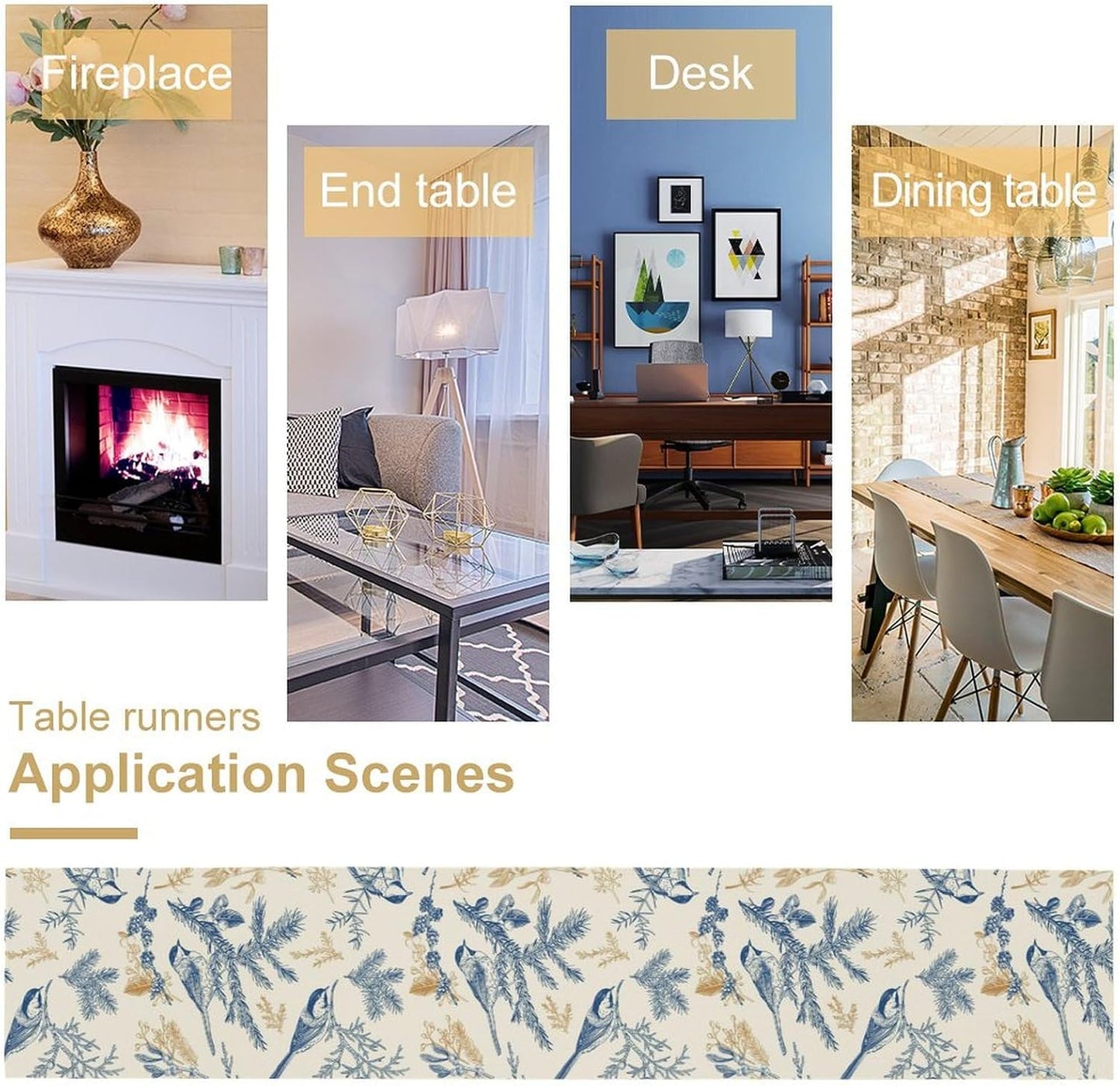 Floral Table Runner,Sketch Birds and Flowers Summer Table Runner Kitchen Dining Table Decoration for Home Party Decor 13x108 Inch