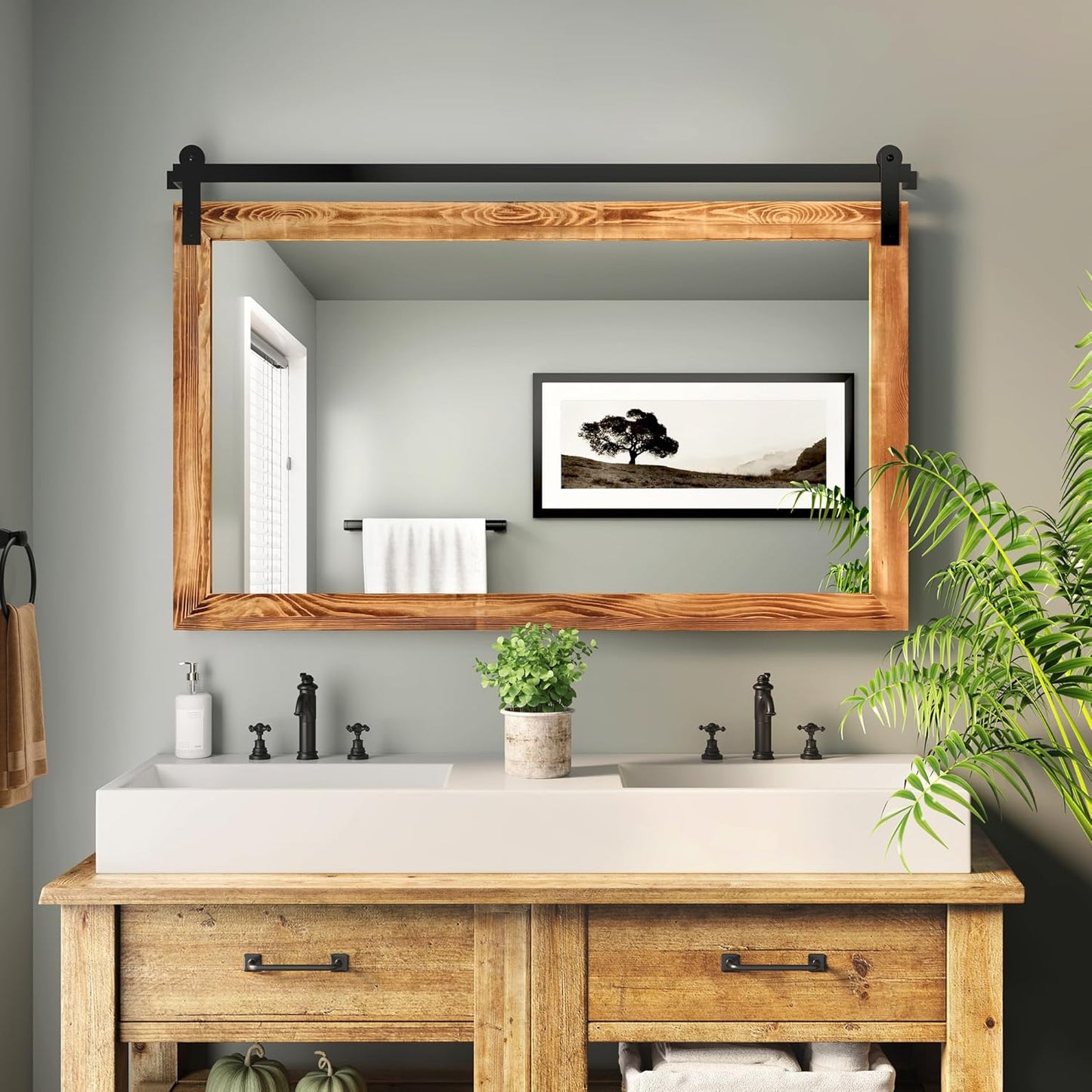 COGOOD Farmhouse Bathroom Mirror - 49 x 30 Rustic Wood Framed Wall Barn Door Mirror for Entryway, Living Room, Entryway Wall Decor (Brown)