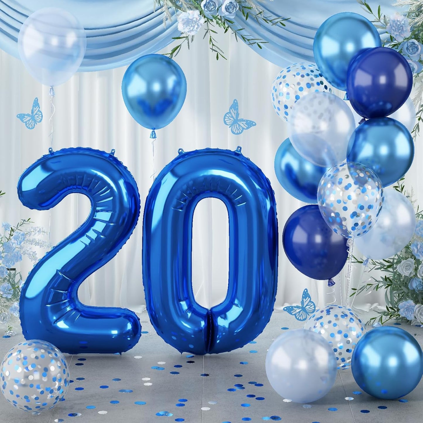 Dark Blue 20" Number 20 Balloon, Metallic Light Navy Blue Silver Confetti Balloon - Self Inflating Helium Foil for Men's 20th Birthday Party Decorations