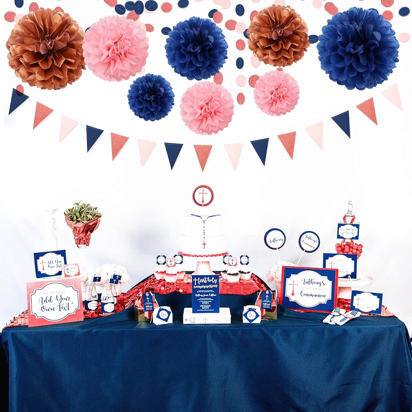 Gender-Reveal Decorations Tissue Paper Pom-Poms - 15pcs 5 Size Navy Blue Pink Rose Gold Paper Flowers,Birthday Bachelorette Bridal Shower Room Decor Engagement Party Decoration Panduola