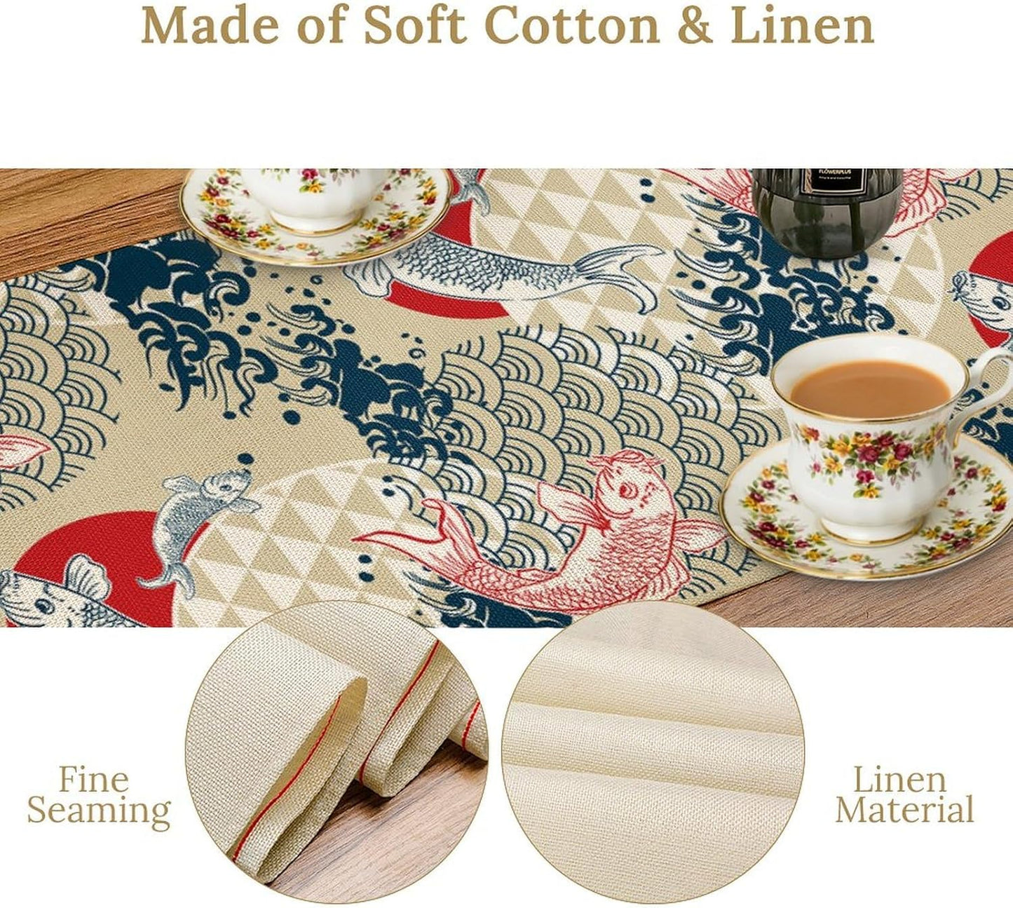 Japanese Table Runner Oriental Tradition Kio Fish Art Printed Burlap Runner Home Kitchen Dining Table Living Room Decor Fabric 1 Panel W13xL108in