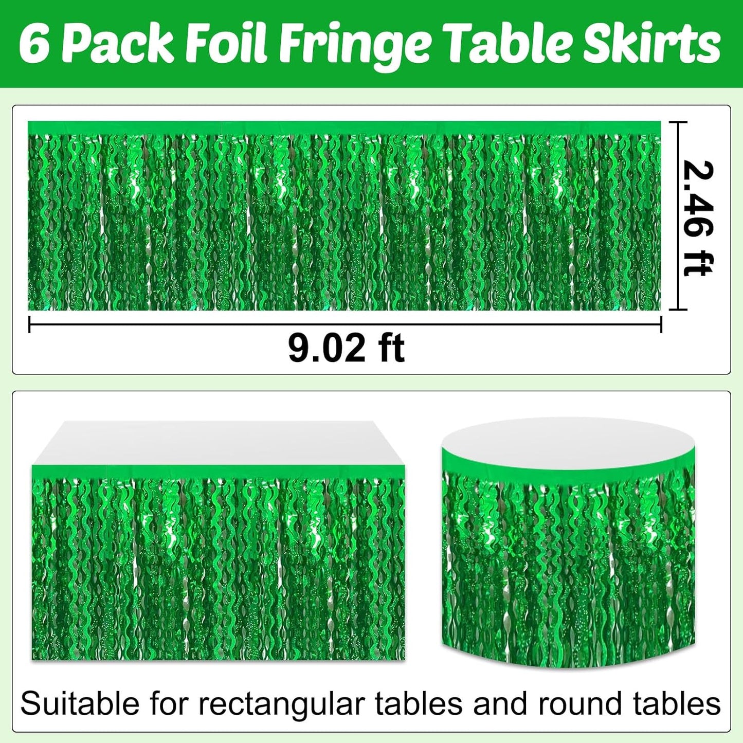 6 Pack 29x108 Inch Green Wave Foil Fringe Table Skirts Metallic Banner for Tinsel Streamer Garland Backdrop for Parade Floats Mother's, Graduate, Mardi Gras, Birthday, Wedding Party Decorations