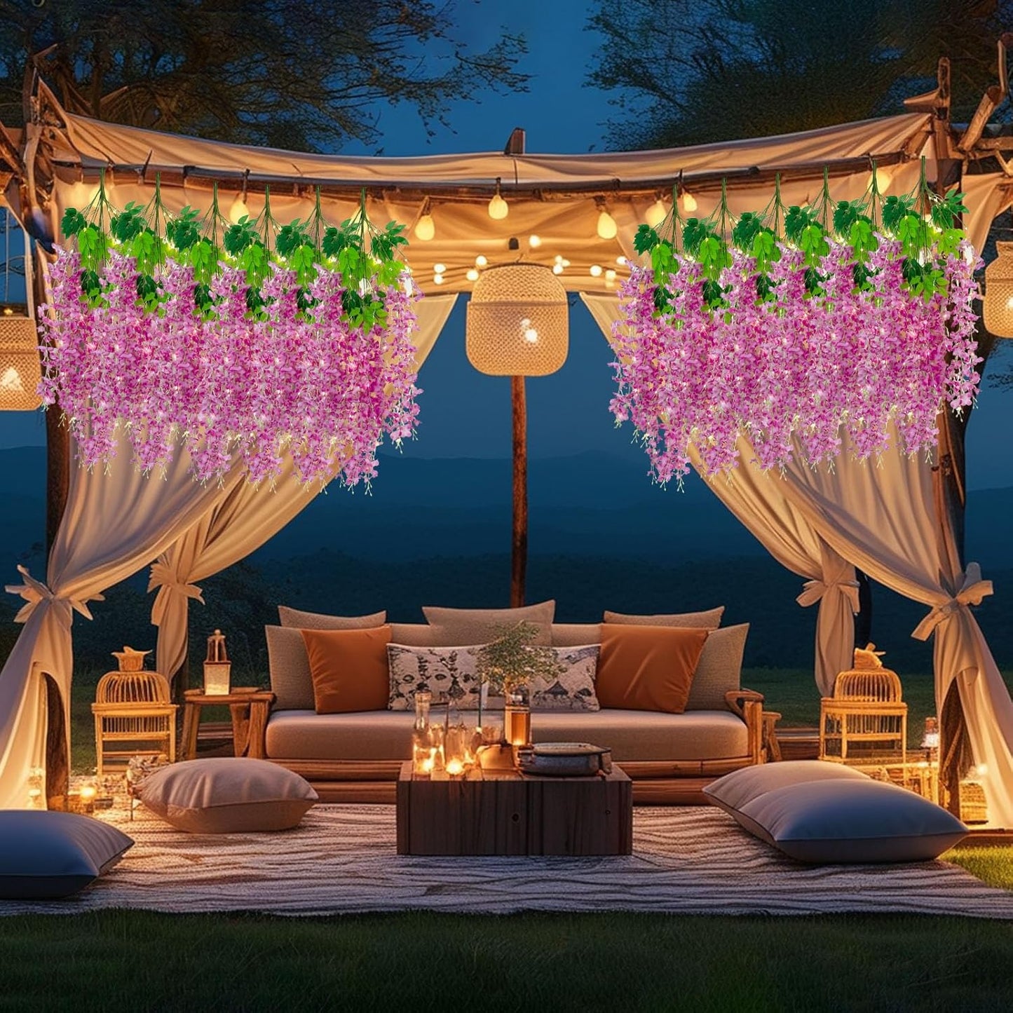 12 Pack Purple Red Wisteria Hanging Flowers Garland with Lights, 3.44 Feet Artificial Flower Vines, Fake Wisteria, Artificial Vines Hanging Garland for Backdrop Outdoor Patio Garden Decor