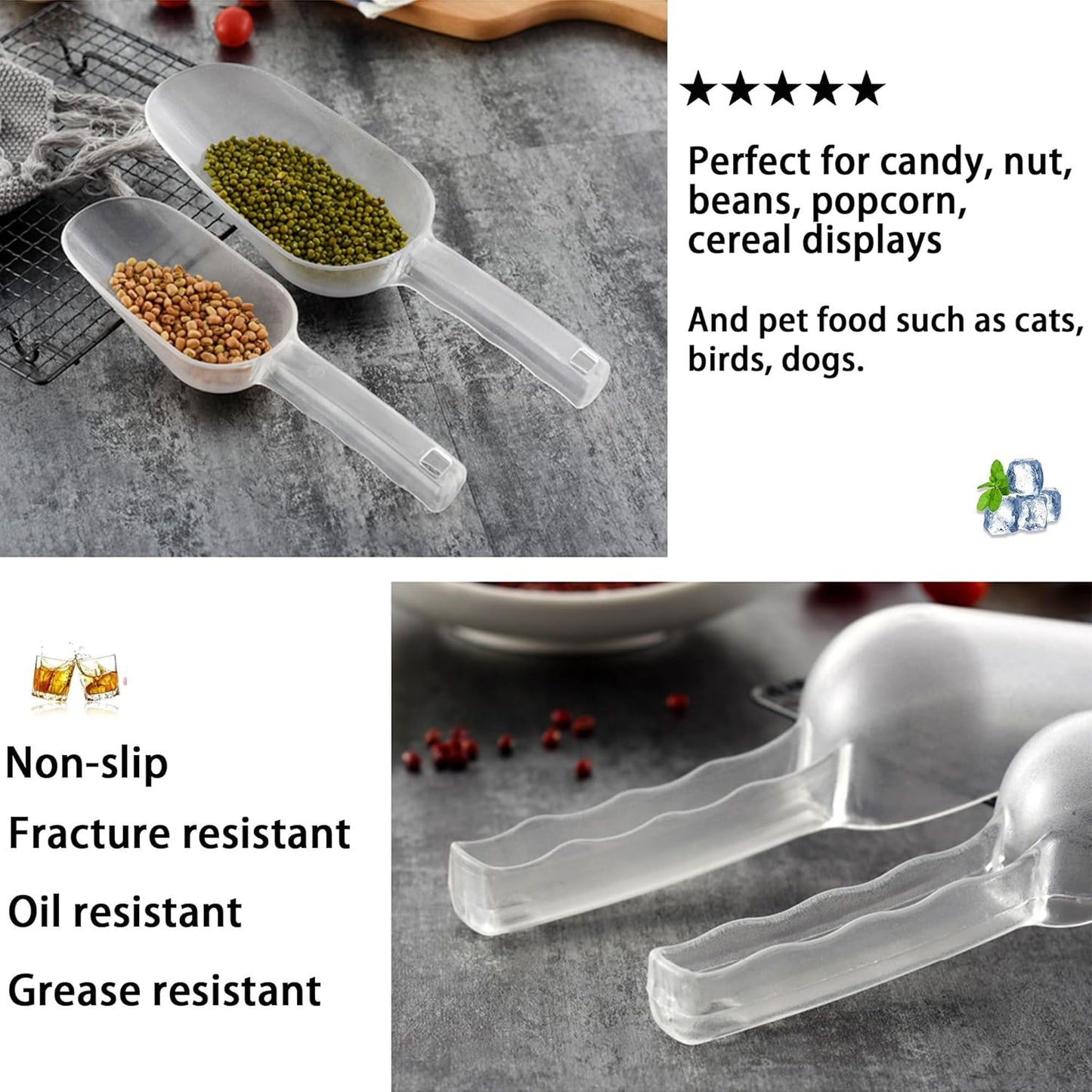 3PCS Clear Plastic Ice Scoop, 48 ounces Alec Ice Scoop, Kitchen Scoop for Ice Bucket Ice, Popcorn, Coffee Beans, Flour (48 oz.)