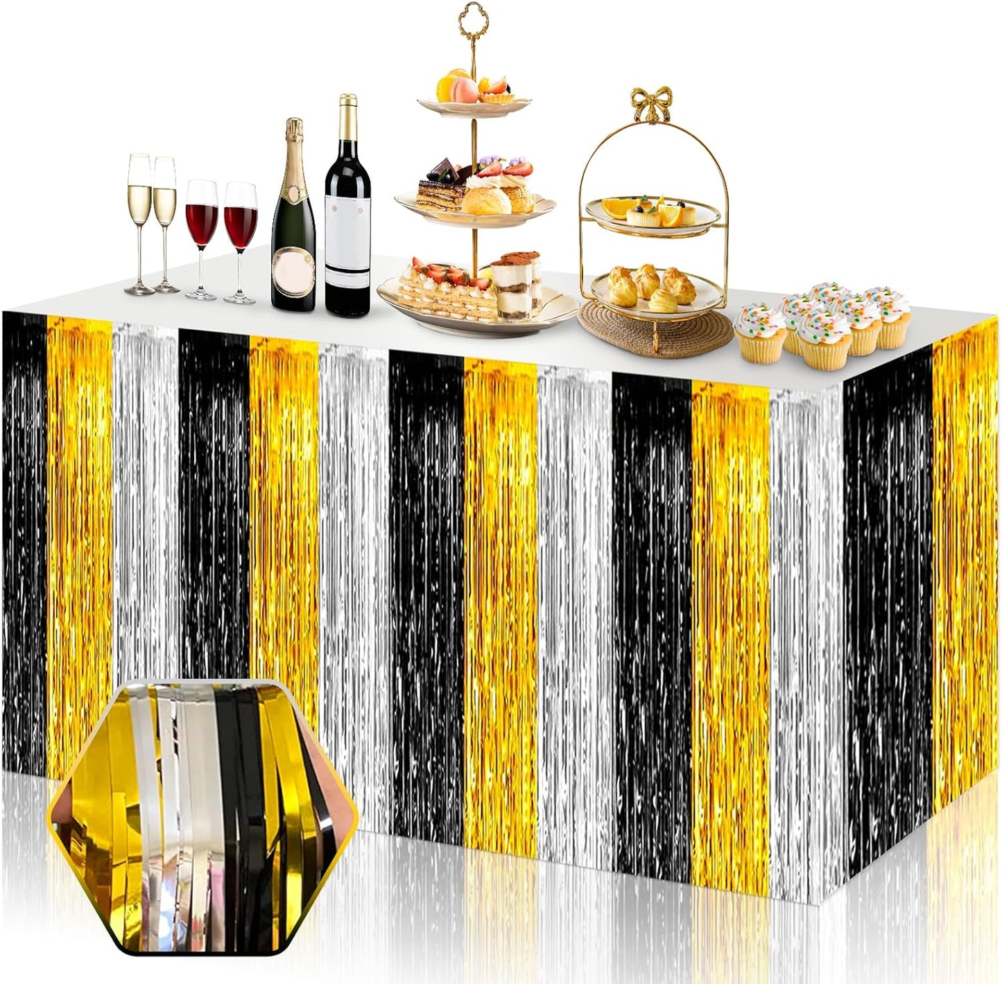 3 Pack 29 x108 Inch Black Gold Silver Foil Fringe Table Skirts Metallic Banner for Tinsel Streamer Garland Backdrop for Parade Floats Wedding Thanksgiving Birthday Christmas Halloween Party Decoration