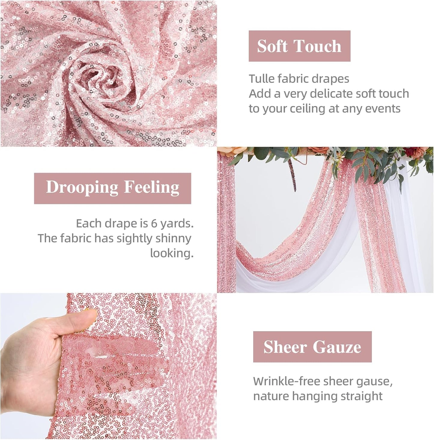 Wedding Arch Draping Fabric, 1 Panel 28" x19ft White Arch Drapes & 1 Panel 16" x19ft Rose Gold Sequin Fabric Drapes Arbor Backdrop Curtain for Wedding Arch Ceremony Bridal Shower Reception