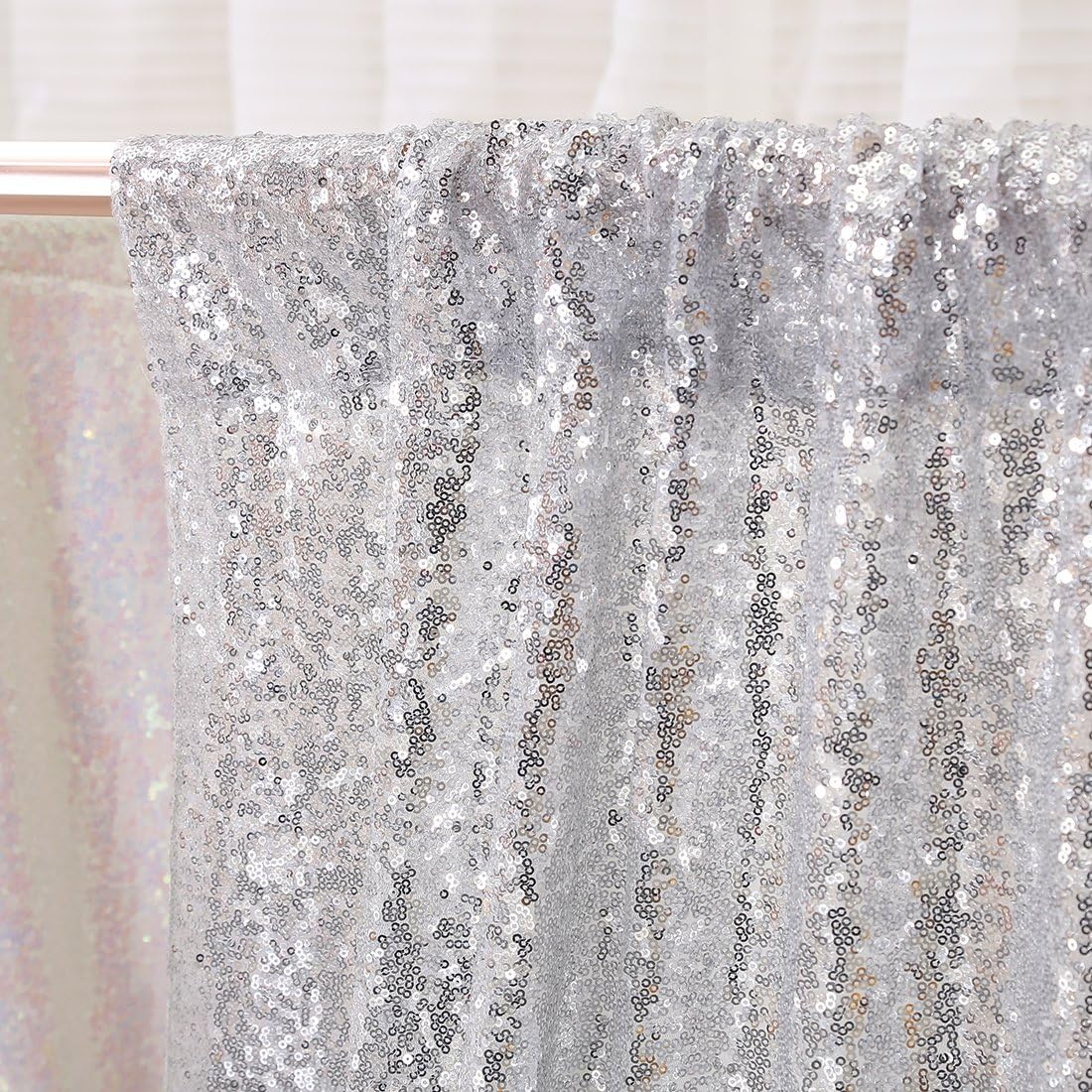 Poise3EHome Silver Sequin Backdrop,7FT x 7FT Sequin Photography Backdrop Curtain for Party Decoration, Silver