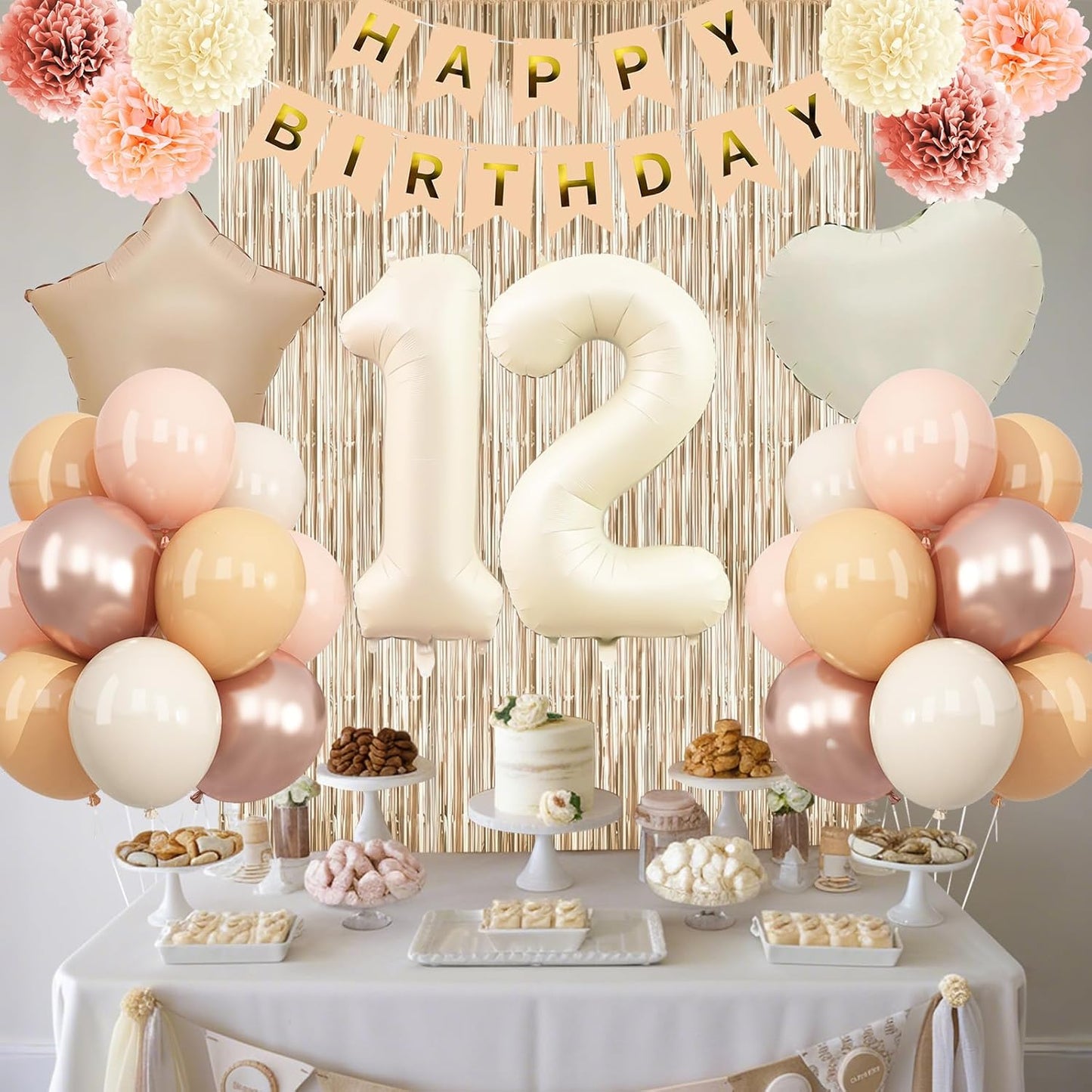 Beige 12th Birthday Decorations Girls Boys Cream Number 12 Balloon Nude Gold Happy Birthday Banner Fringe Curtain Paper Pom Poms Blush White Sand Champagne Star Foil Balloons Neutral Boho Party Decor