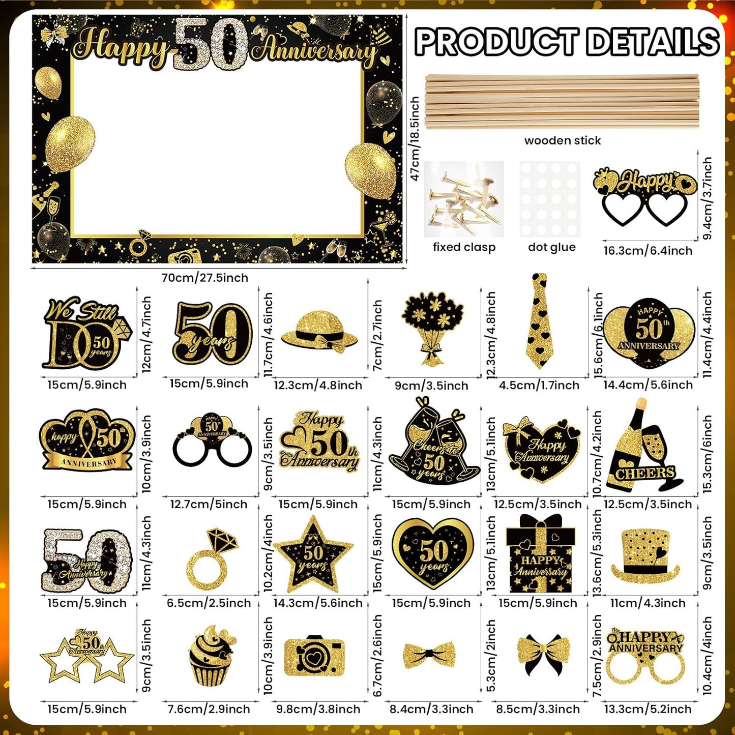 50th Wedding Anniversary Decorations Black Gold 50th Wedding Anniversary Party Photo Booth Props and Selfie Frame Silver Happy 50 Years Anniversaries Party Supplies for Women Men Cheers to 50 Years