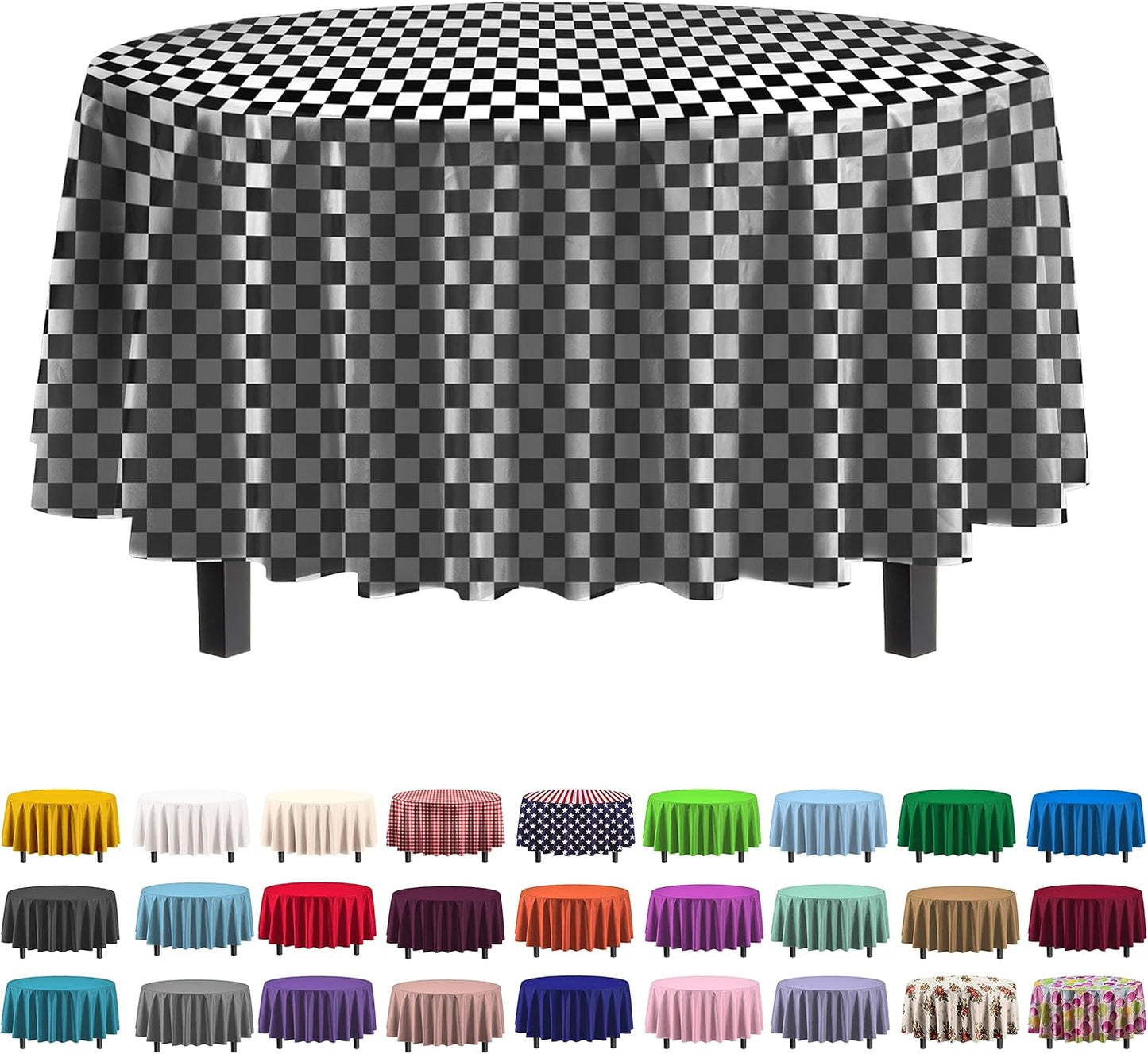 Party Solids Pack Of 12 - Premium Plastic Tablecloth 84 Inch Round Table Cover - Checkered