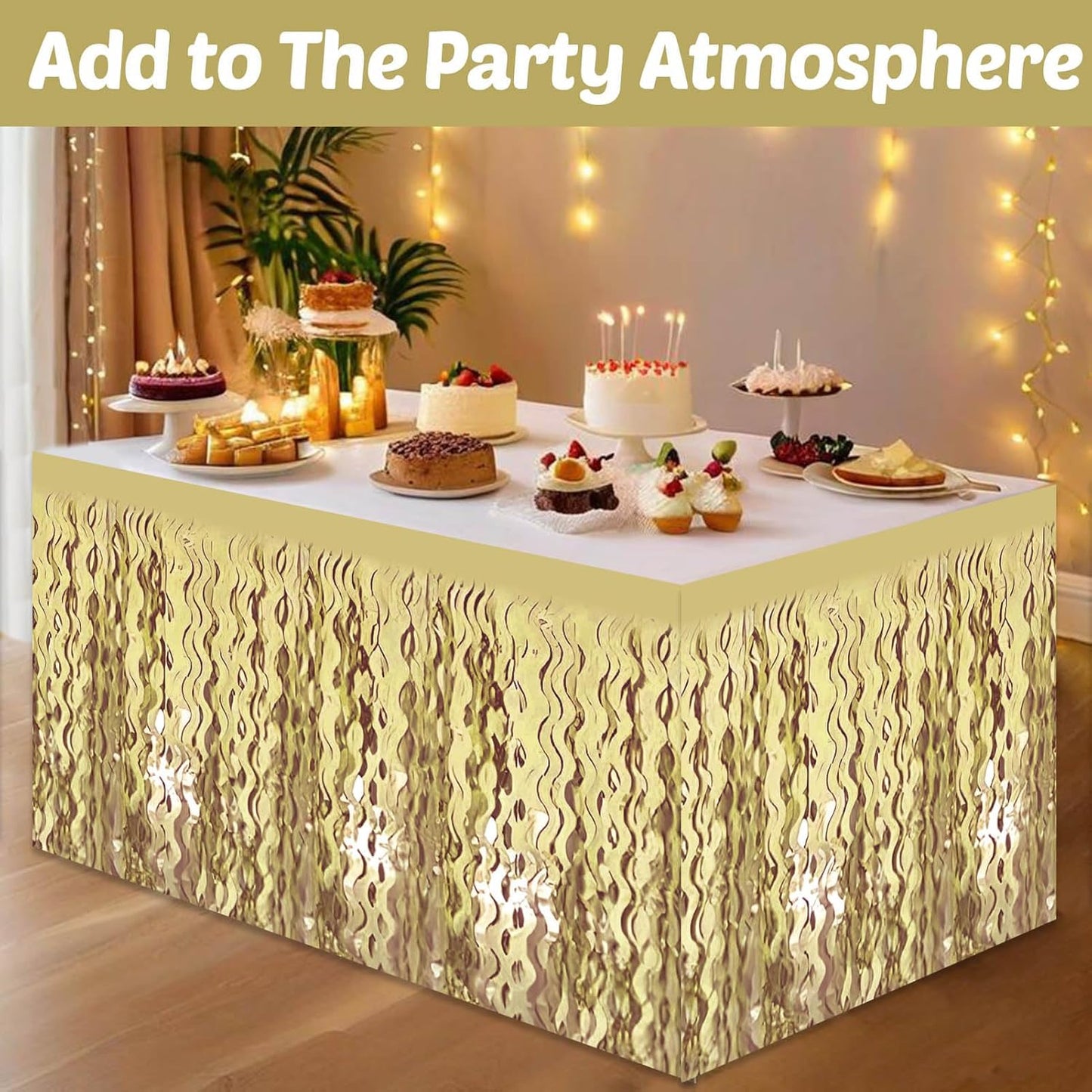 6 Pack 29x108 Inch Light Gold Wave Foil Fringe Table Skirts Metallic Banner for Tinsel Streamer Garland Backdrop for Parade Floats Wedding, Mother's Day, Birthday Mardi Gras Party Decorations