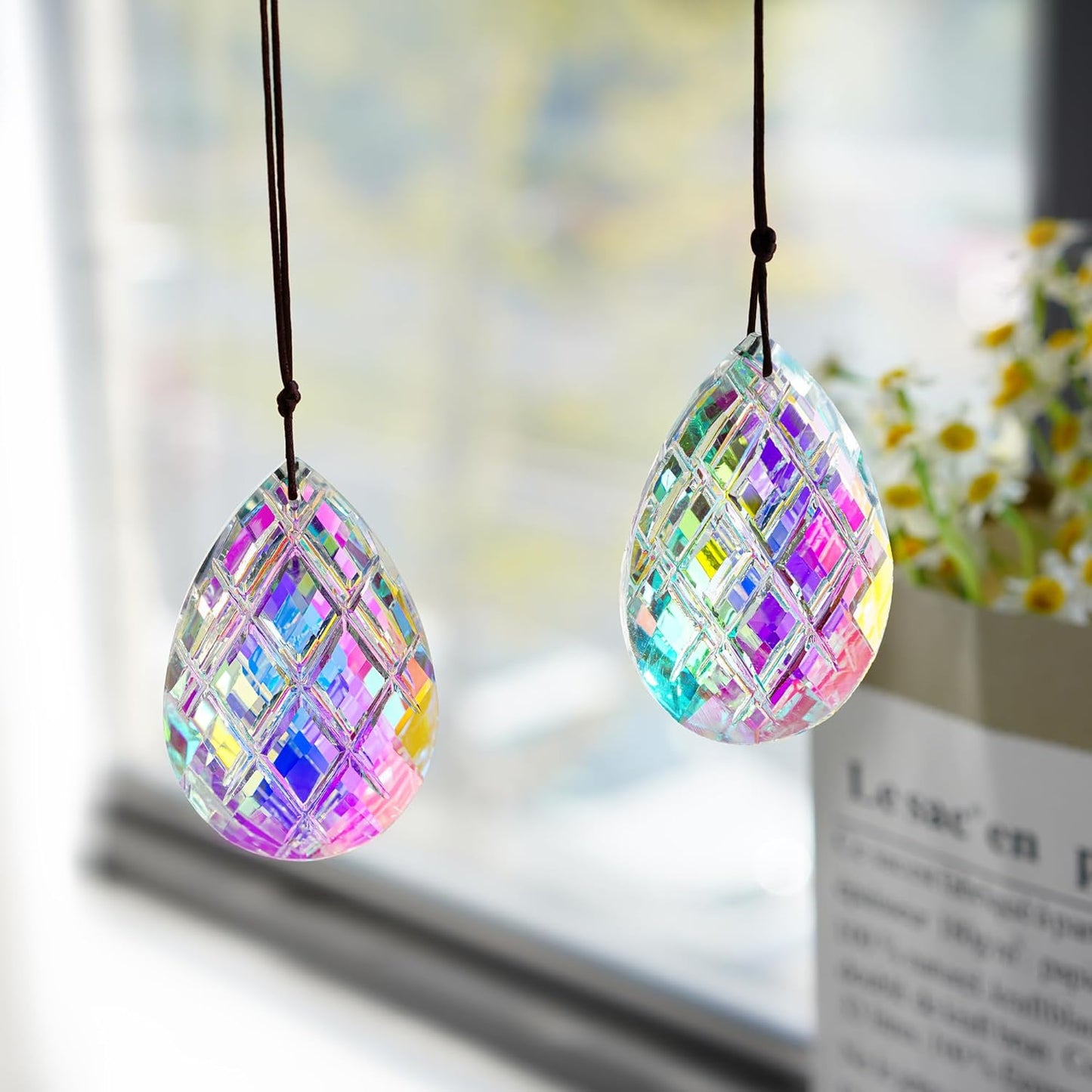 HDCRYSTALGIFTS Set 2 Crystal Sun Catcher Prisms Pendant for Window Hanging Decor,3inch AB Colored Crystal Suncatchers Rainbow Maker Light Catcher for Home Indoor Garden Ornament