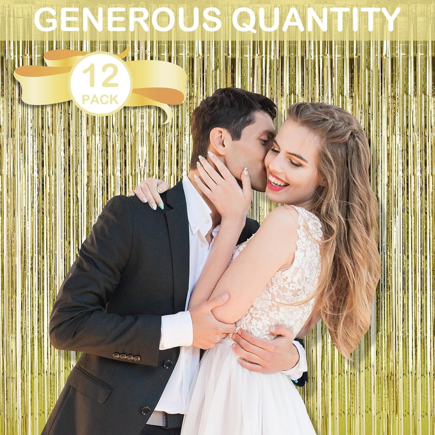 Light Gold Fringe Curtain Party Streamers, 12 Pack 3.3ft x 8.2 ft Foil Curtain Backdrop Tinsel Foil Fringe Curtains Photo Booth Backdrop Streamer for Birthday, Wedding, Baby Shower, Disco Party