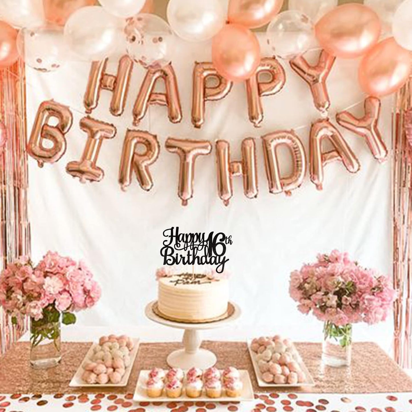 1 PCS Happy 16th Birthday Cake Topper Glitter Cheers to 16 Years Birthday Cake Pick Sweet 16 Fabulous Cake Decoration for Happy 16th Birthday Theme Party Decorations Supplies Black