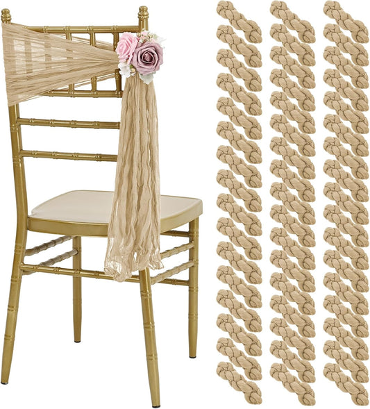 50 PCS Cheesecloth Chair Sashes, Bows Designed ChairSashes, 15.7x70 inch Chair Sashes for Aisle Decorations Universal Chairs Cover Decoration for Wedding Reception Party Banquet (Beige)