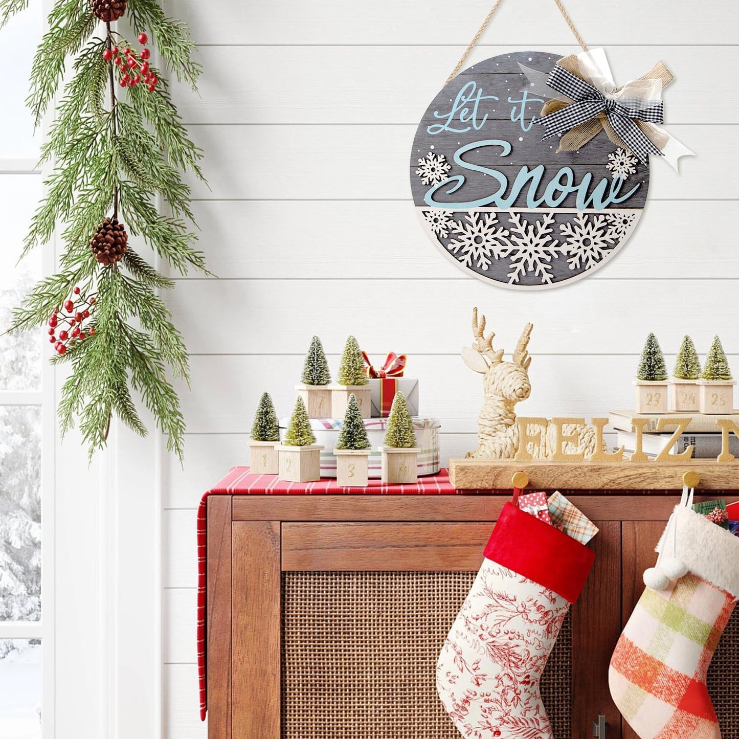 CHDITB Let It Snow Winter Decoration Sign(11.4”x11.4”), 3D Snowflake Xmas Winter Front Door Sign with Bow, Christmas New Year Housewarming Gift for Front Door Porch Farmhouse Indoor