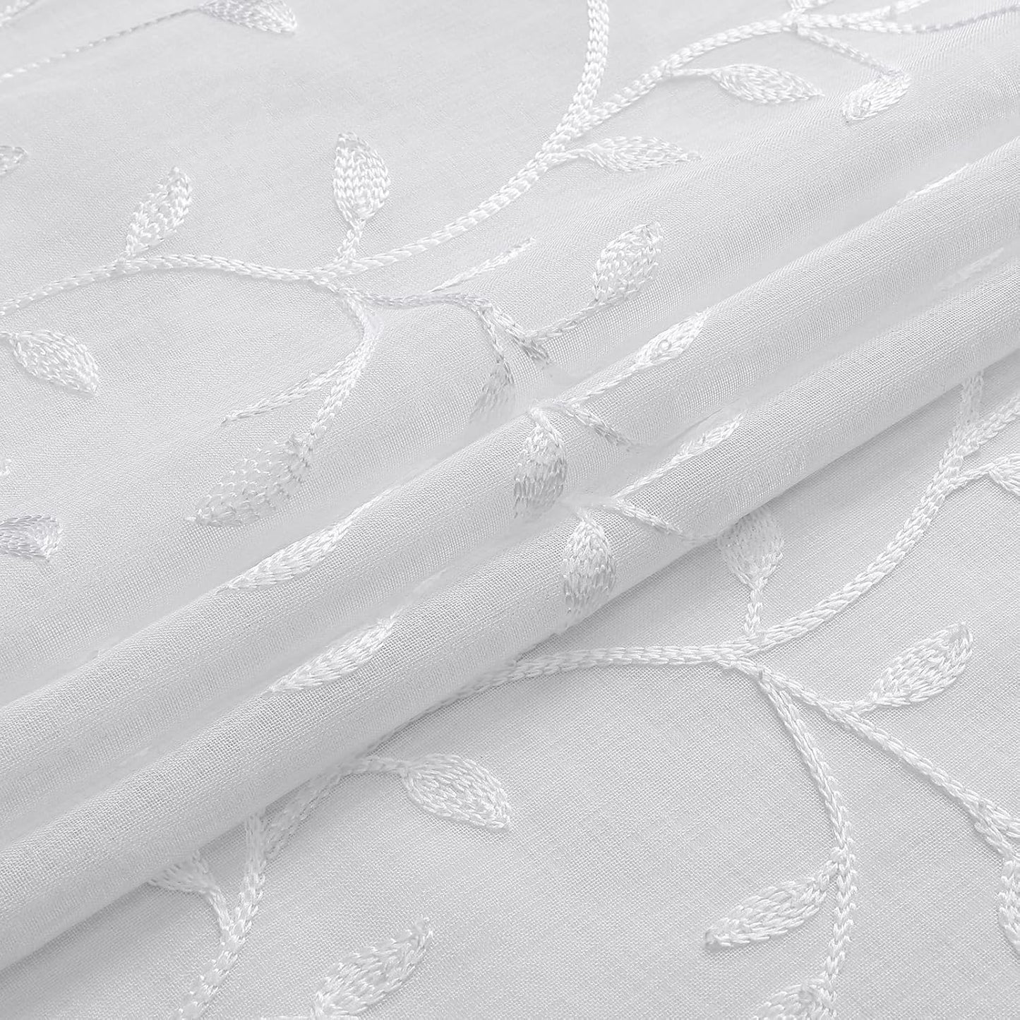 VISIONTEX White Sheer Voile Curtains, Decorative Beige Leaves Embroidery Faux Linen Rod Pocket Window Drapes for Home Kitchen, Living Room and Bedroom 54 x 63 Inch, Set of 2 Curtain Panels