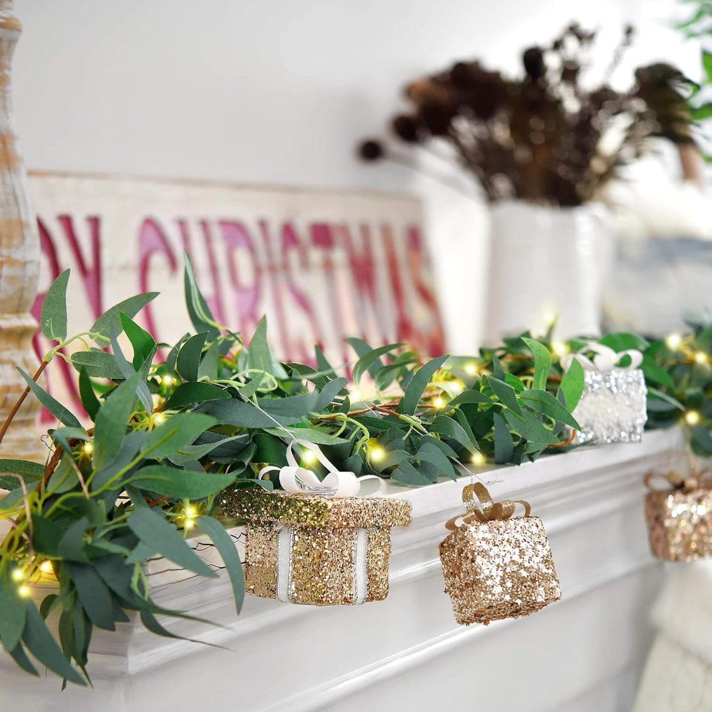 Artificial Willow Garland with Lights & Ornaments – 2-Pack Lighted Greenery Vine, Battery Fairy Lights with Remote & Timer for Mantels, Weddings, Fireplace, Holidays, Parties & Everyday Home Decor