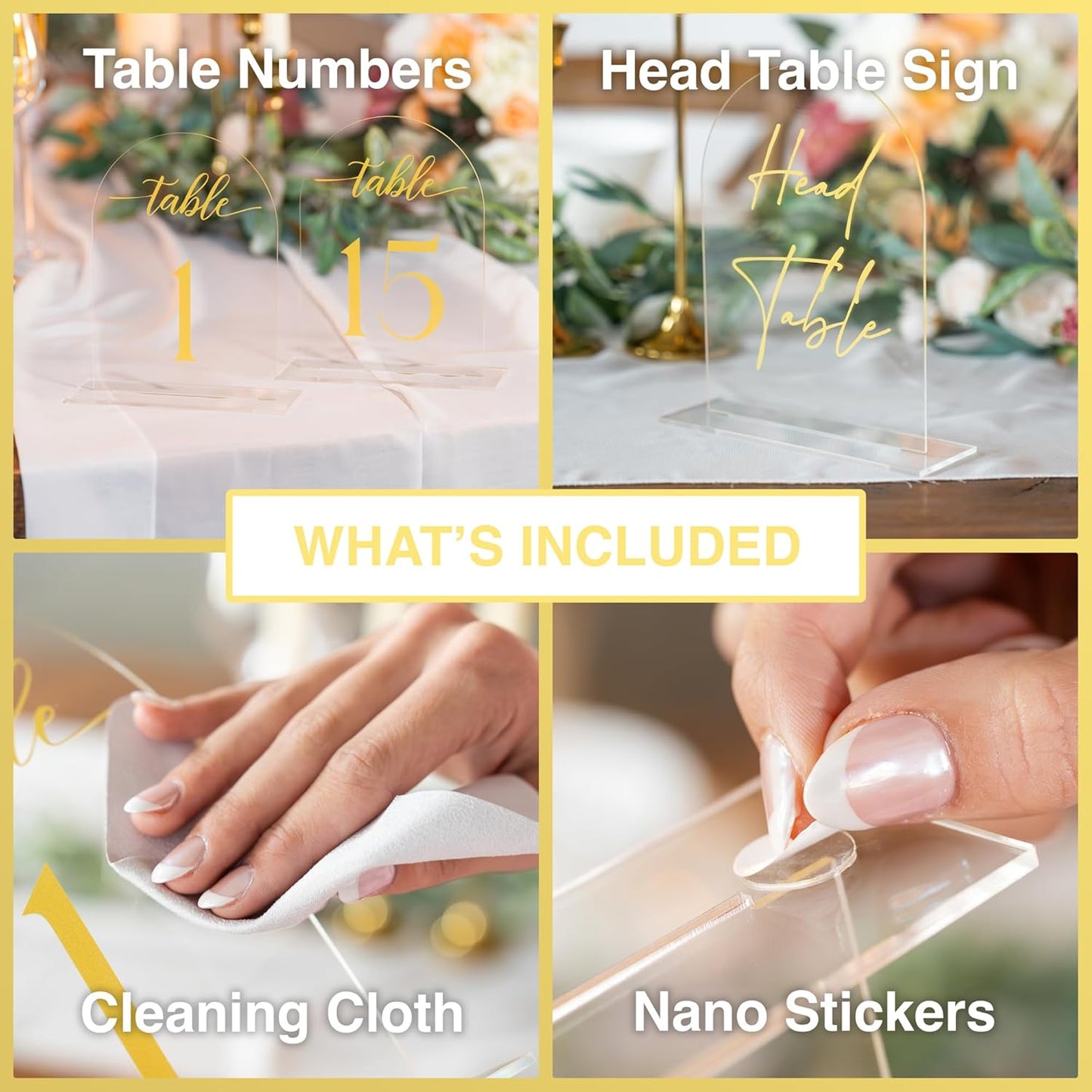 Clear Arch Acrylic Table Numbers for Wedding Reception - 5" x 7" Gold Font Centerpiece Set with Holder Stands & Head Table Sign - Anniversary, Event, Party, Wedding set 1-10