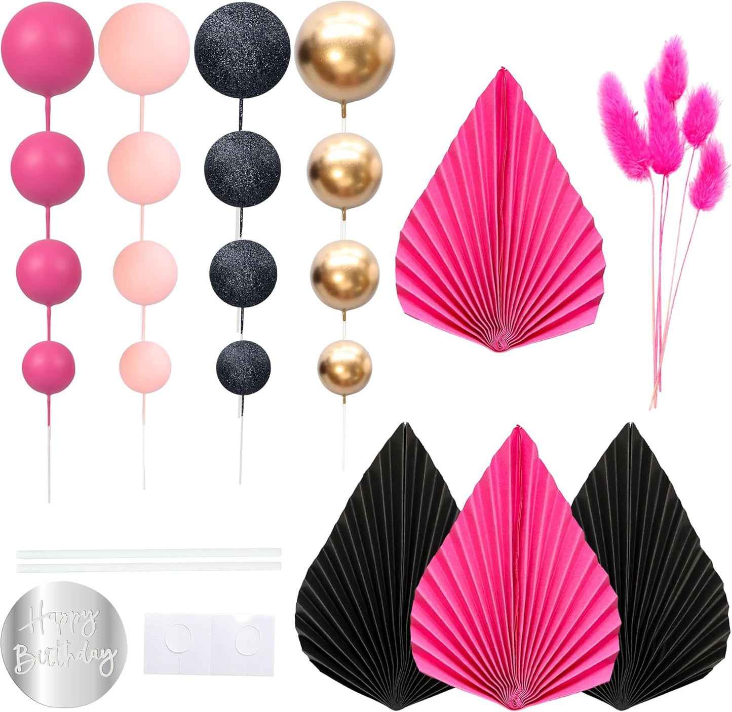 Ephlyn 33 Pack Balls Cake Toppers Boho Palm Leaves Cake Decorations Round Acrylic Happy Birthday Cupcake Toppers for Birthday Wedding Baby Shower Party Supplies Pink Black