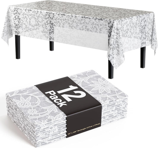 Exquisite Lace Table Cloth Rectangle Table Plastic 12-Pack Lace Tablecloth Rectangular 54" X 108" | White Floral Tablecloth Disposable | Wild Flower Party Decorations & Party Supplies
