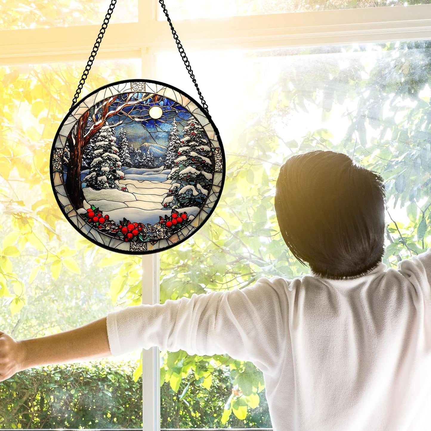 Stained Glass Window Hanging Christmas Tree Winter Snow Night Scenery 6.3" - Suncatcher Door Garden Kitchen Sun Catcher Home Decor Birthday for Mom Men Woman Friend