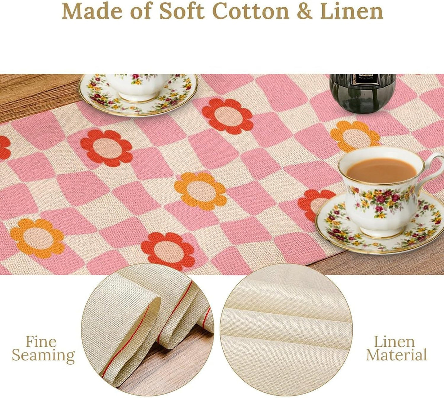 Vintage Floral Table Runner,60s Retro Color Funky Hippie Print Table Cloth Kitchen Dining Table Home Party Decoration 13x60 Inch