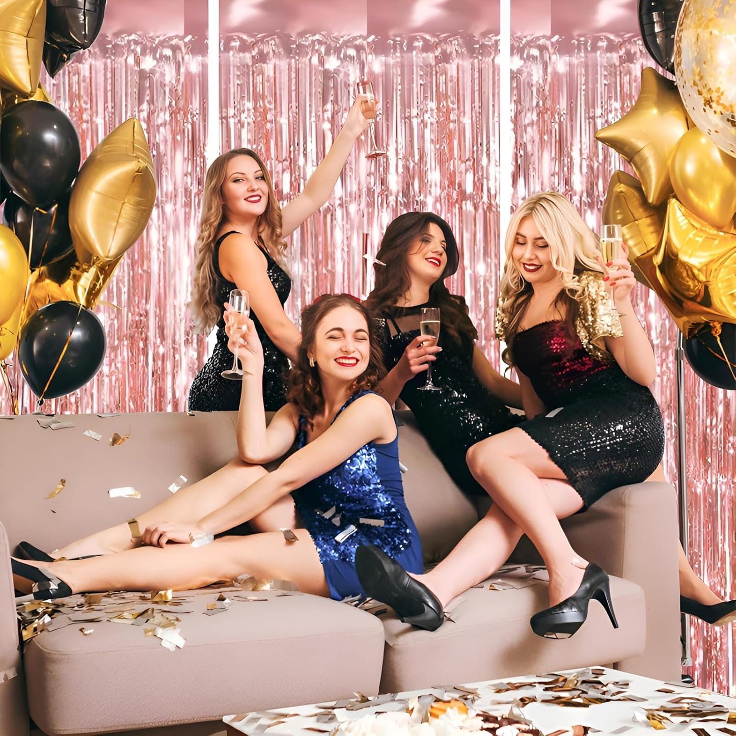 Keyali 3 Pack 3.3 * 8.3 ft Foil Curtain Metallic Tinsel Fringe Curtains Photo Booth Props Backdrop for Birthday Wedding Engagement Baby Shower Christmas Holiday Celebration Partyl,Rose Gold