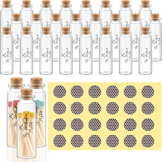 24 Matches Holders Empty Jars with 24 Striker Stickers, Empty Matches in A Jar with Striker DIY Wedding Favors, Candle Holder Containers & Bulk Storage| The Perfect Match Box (0.87x3.15 Inch) (24)