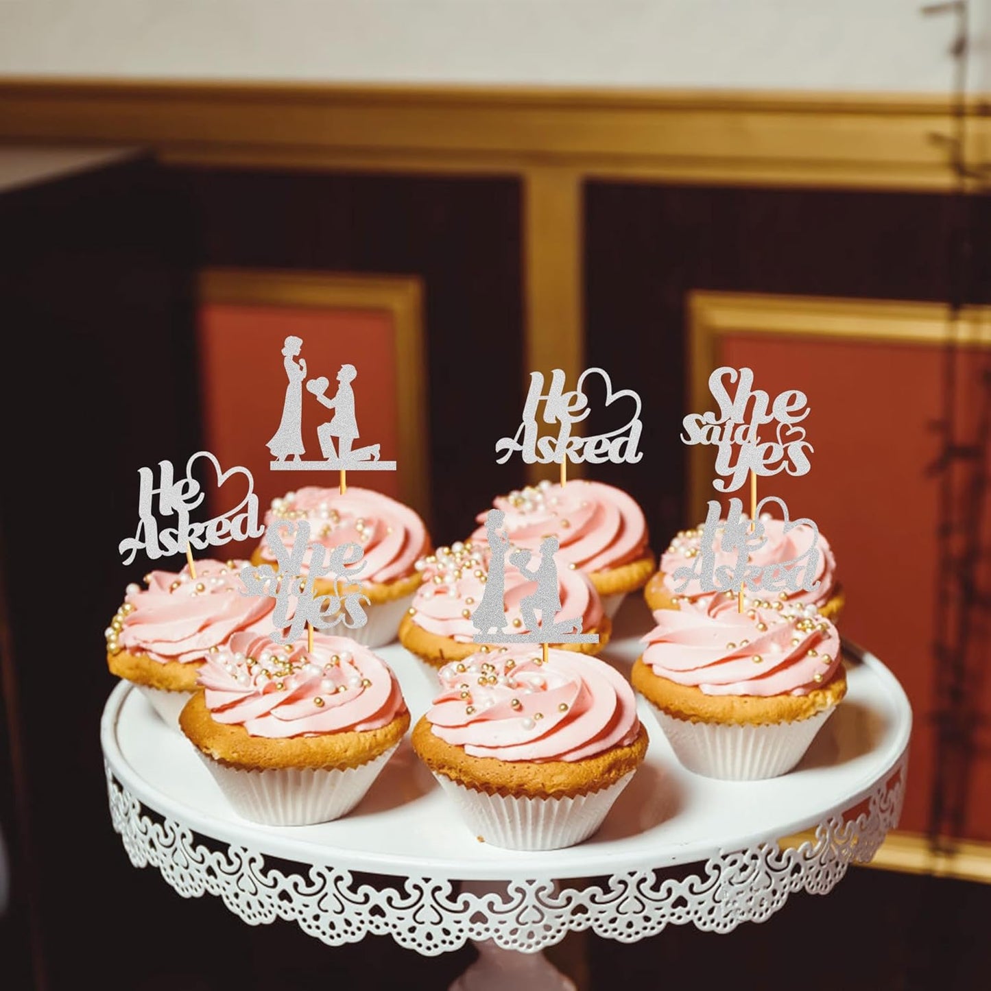 Sotpot 24PCS He Asked She Said Yes Cupcake Toppers With Heart Silver Glitter for Wedding Bridal Shower Wedding Engagement Party Cake Decorations