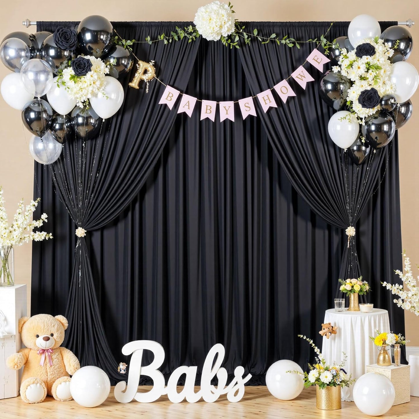 20ftx10ft Wrinkle Free Black Backdrop Curtain for Parties, 4 Panels 5x10ft Silky Polyester Photo Backdrop Drapes Back Drop Cloth for Wedding Birthday Photography Background Decor
