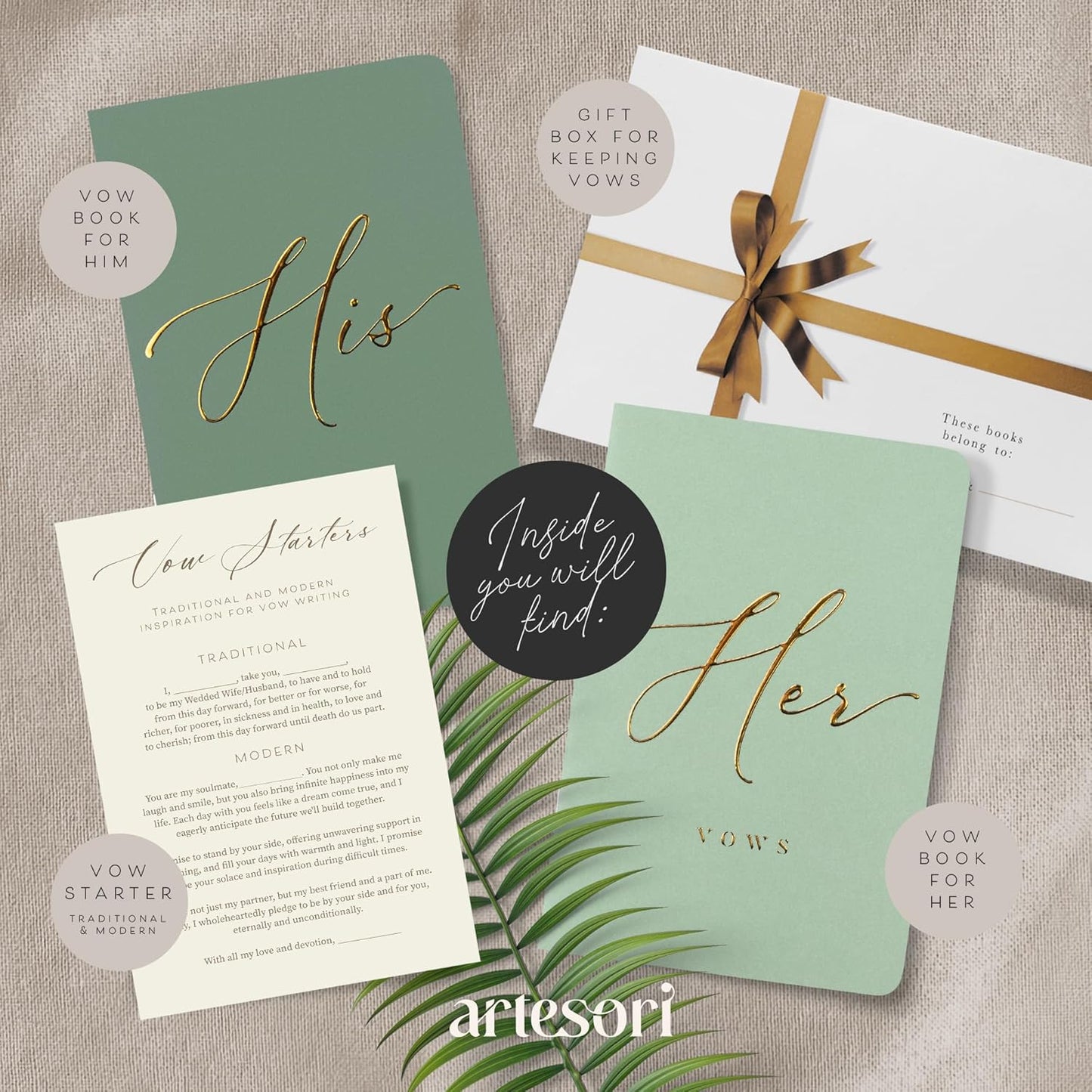 ARTESORI Premium Wedding Vow Book for Her & Him, Soft Touch, Gold Foil, 28 Lined Pages, Vow Books His and Hers, Wedding Essentials, Wedding Registry Ideas, His and Hers Gifts [Mint & Sage]