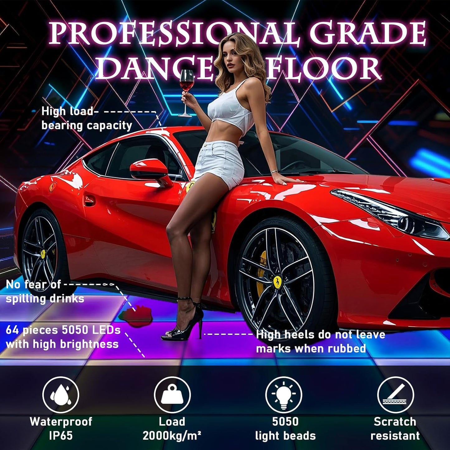 Dance Floor Stage Lights-Tempered Glass with Flight Case - RGB Color Changing Lights for Wedding, Party, Club - Non-Slip (RGB-Magnetic, 8 * 8 FT)