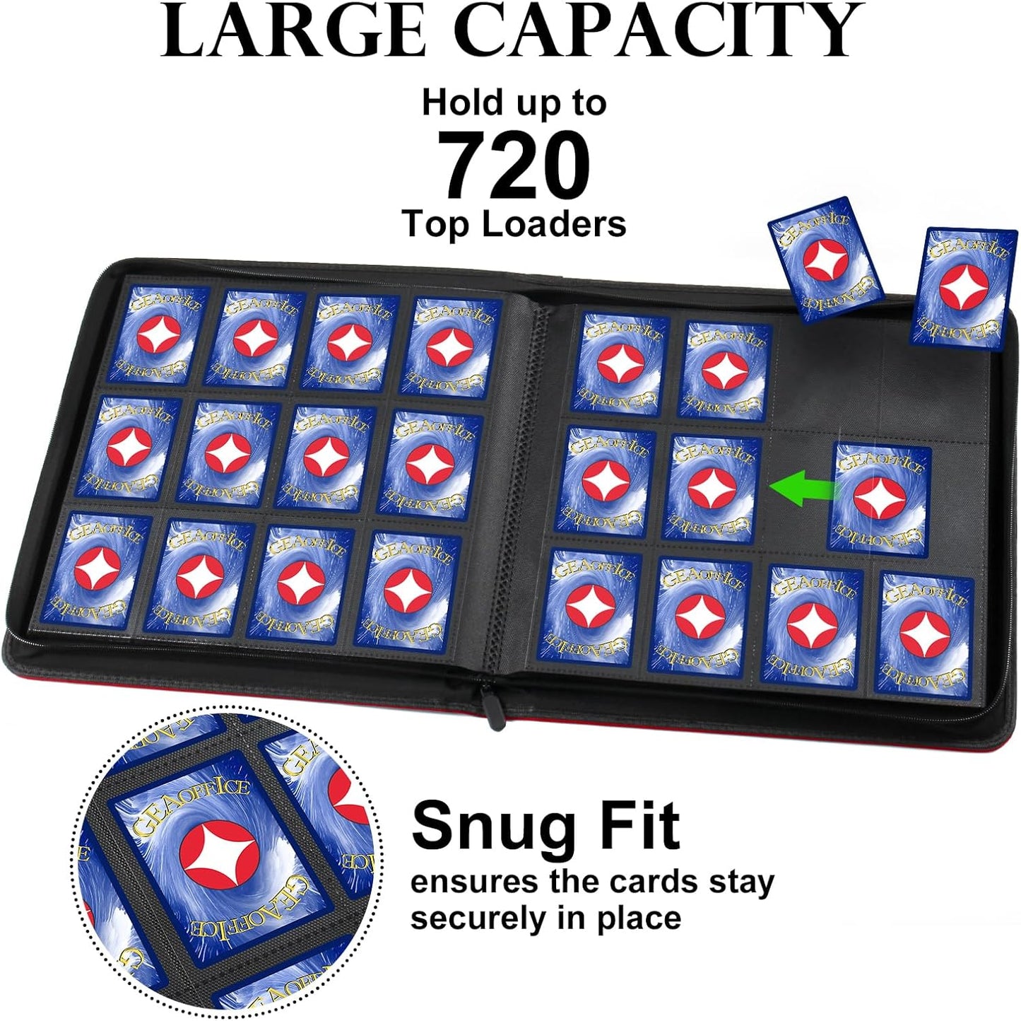 GEAoffice 12 Pocket Trading Card Binder for 720 Cards, Sturdy PU Cover Side Loading Zipper Collection Binder Album for MTG, TCG, Game & Sports Cards, Ringless, Non-PVC, Red