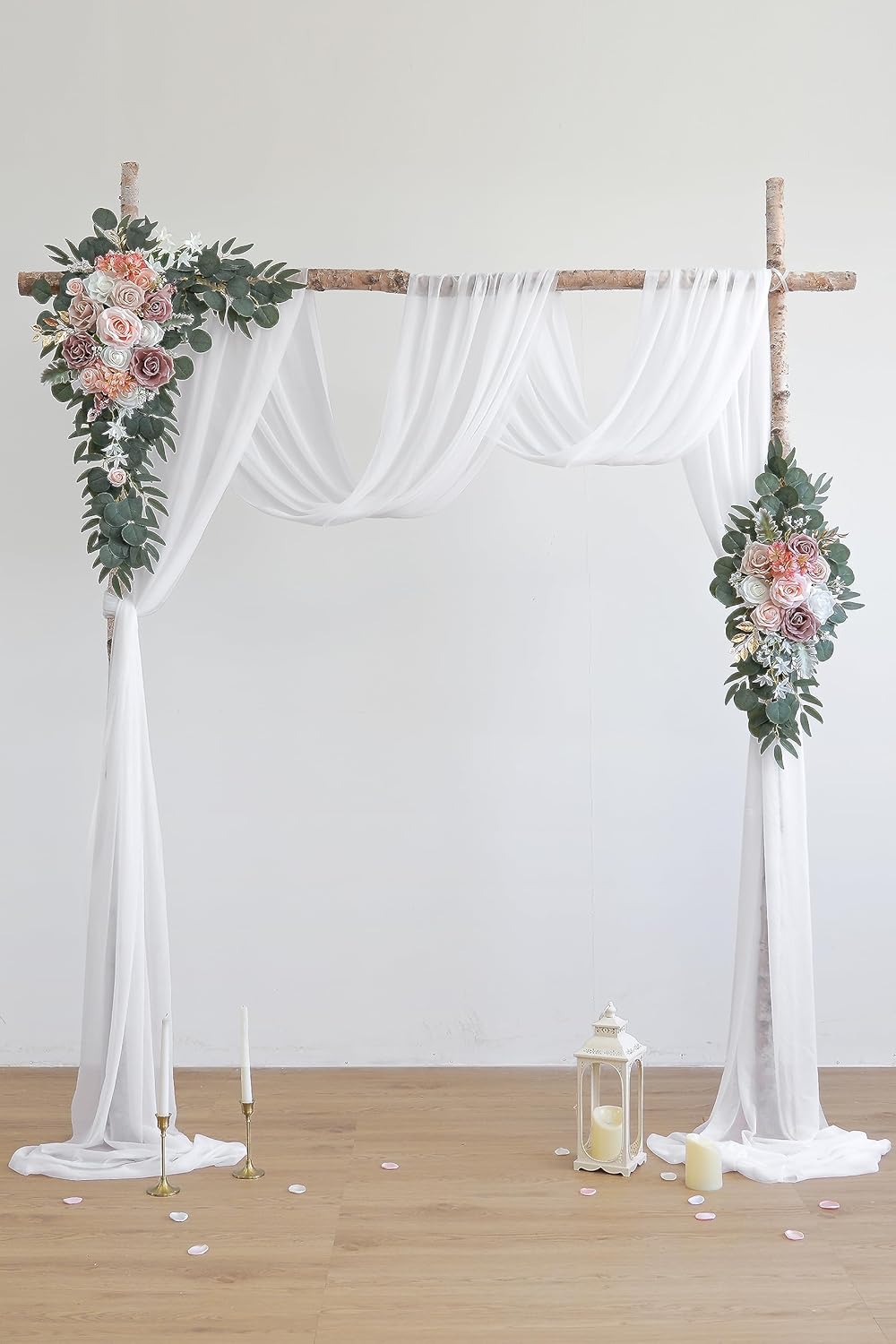 Dusty Rose Artificial Wedding Arch Flowers Kit (Pack of 3) with 26Ft White Shiny Arch Draping Fabric for DIY Wedding Party Ceremony Reception Backdrop Floral Decoration