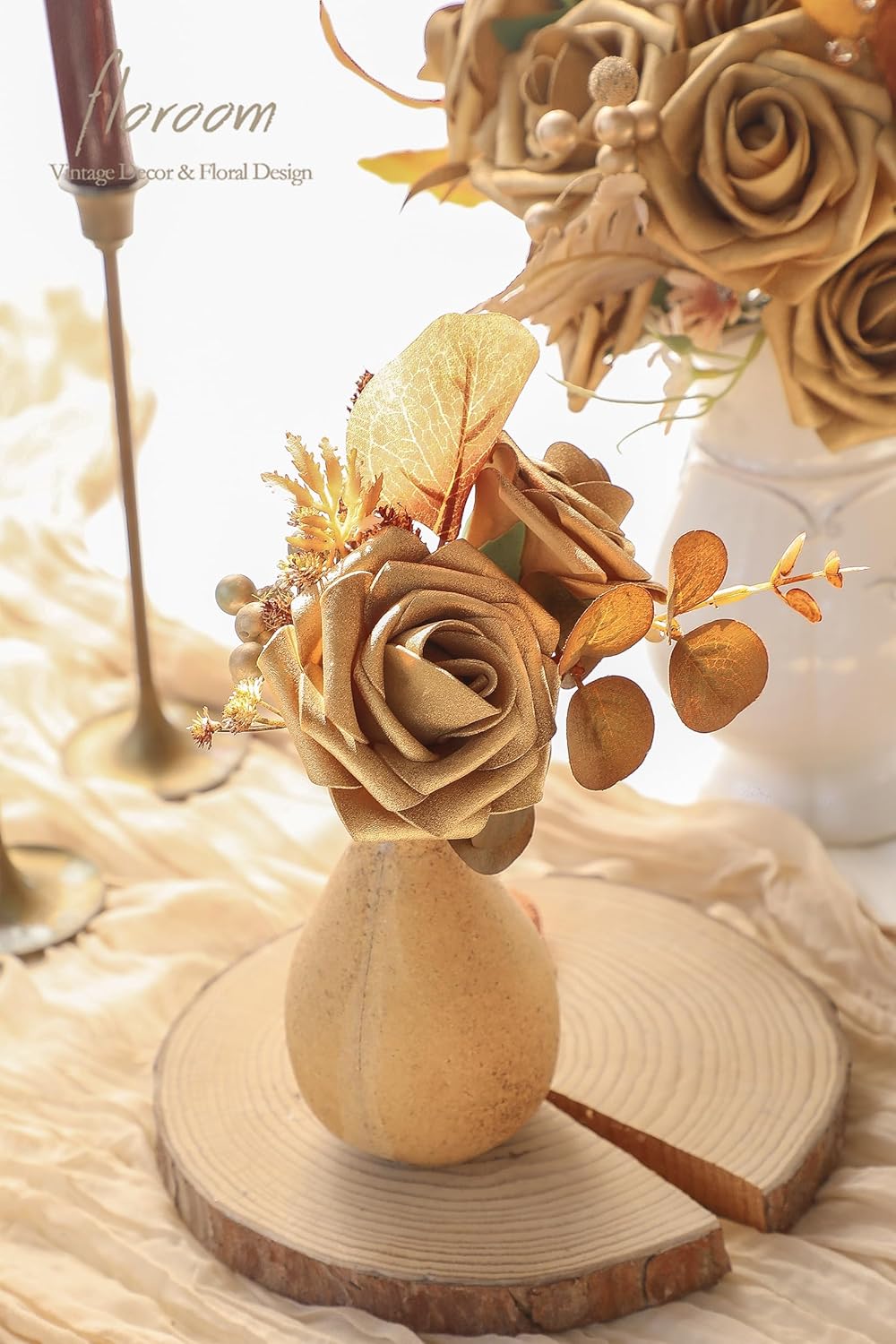 Floroom Artificial Flowers 25pcs Real Looking Antique Gold Foam Fake Roses with Stems for DIY Wedding Bouquets Bridal Shower Centerpieces Floral Arrangements Party Tables Home Decorations