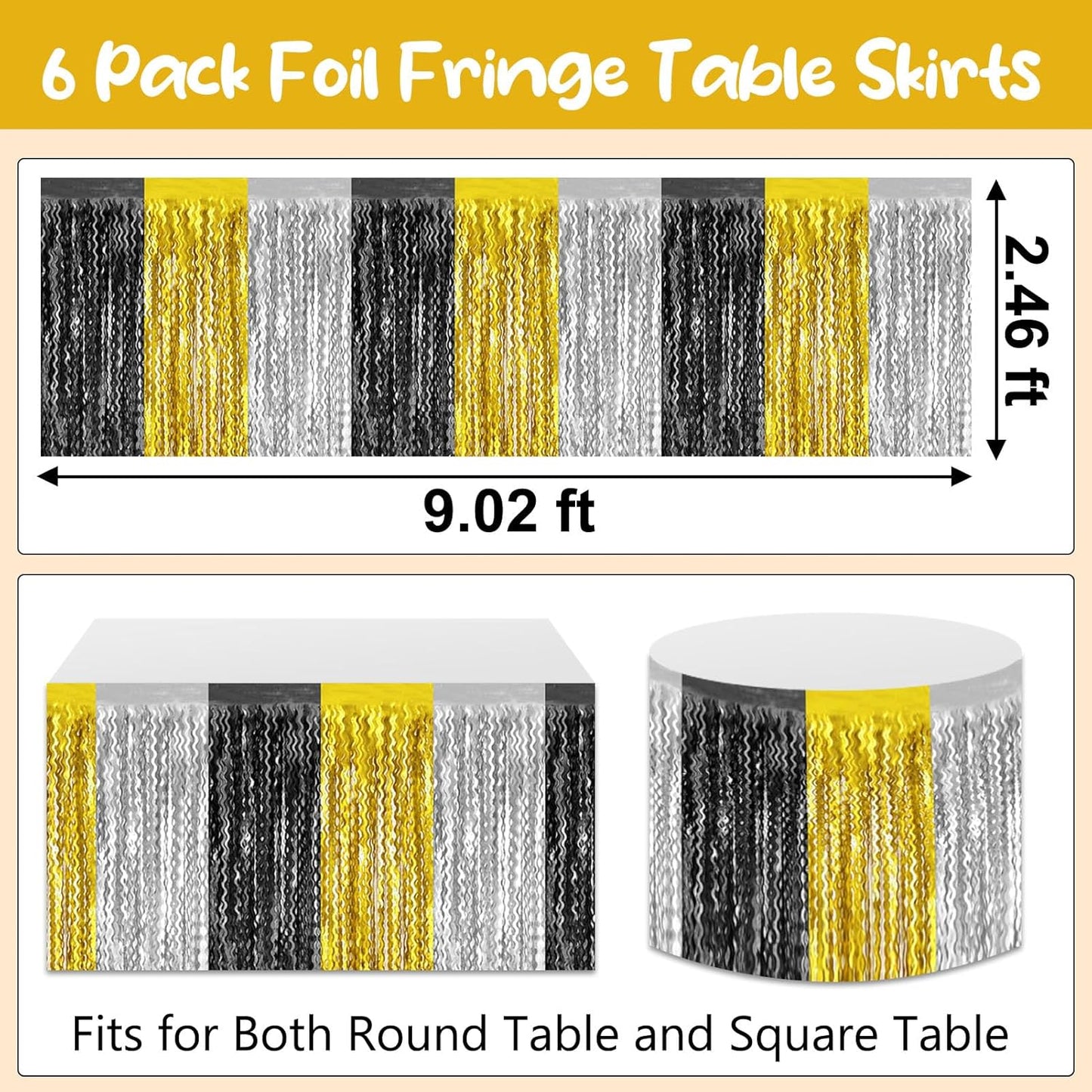 6 Pack 29 x108 Inch Black Gold Silver Wave Foil Fringe Table Skirts Metallic Banner for Tinsel Streamer Garland Backdrop for Parade Floats, Mother's Day, Easter, Wedding, Birthday Party Decoration