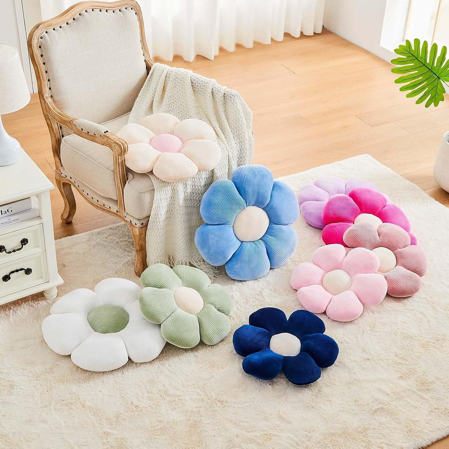 Navy Flower Pillow, 17.7" Cute Flower Shaped Floor Pillow, Aesthetic Floral Plush Daisy Decorative Throw Pillows for Bed Sofa Couch