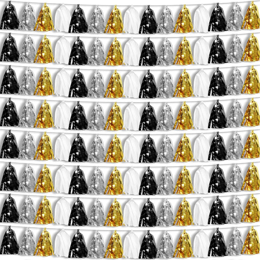 8P Black Gold Silver Foil Fringe Metallic Tassel Garland, Tassels Banner Streamers for Parade Floats, Bachelorette, Wedding, Birthday, Halloween, Christmas, Bridal/Baby Shower Party Decorations