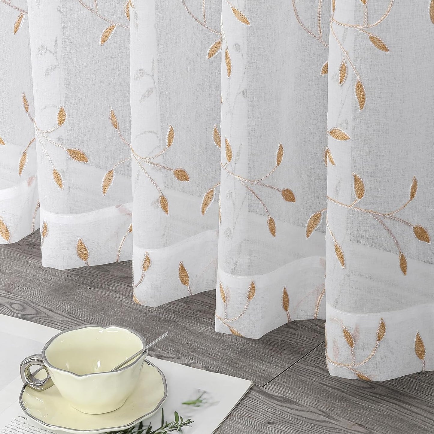 VISIONTEX White Sheer Voile Curtains, Decorative Orange Leaves Embroidery Faux Linen Rod Pocket Window Drapes for Home Kitchen, Living Room and Bedroom 54 x 95 Inch, Set of 2 Curtain Panels