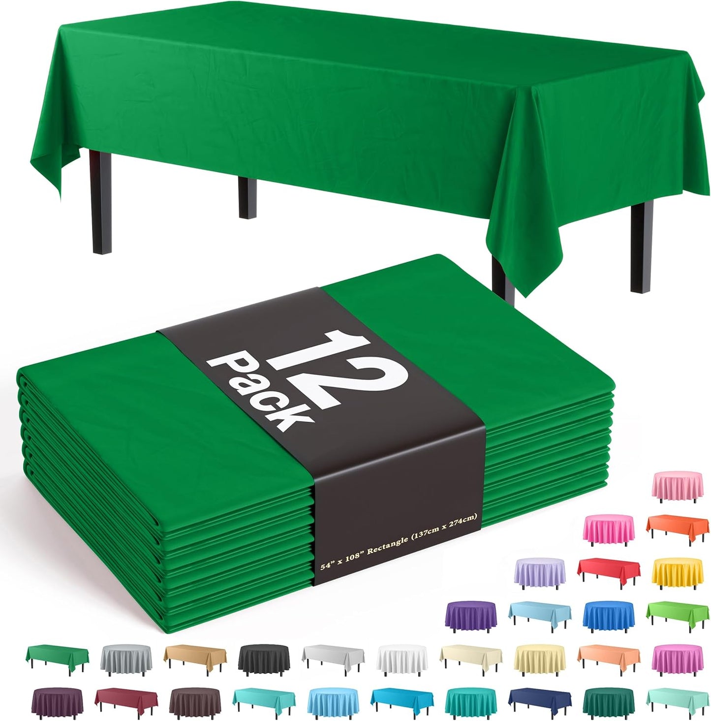 Party Solids Pack Of 12 Premium Plastic Tablecloth 54 Inch x 108 Inch Rectangle Table Cover - Emerald Green