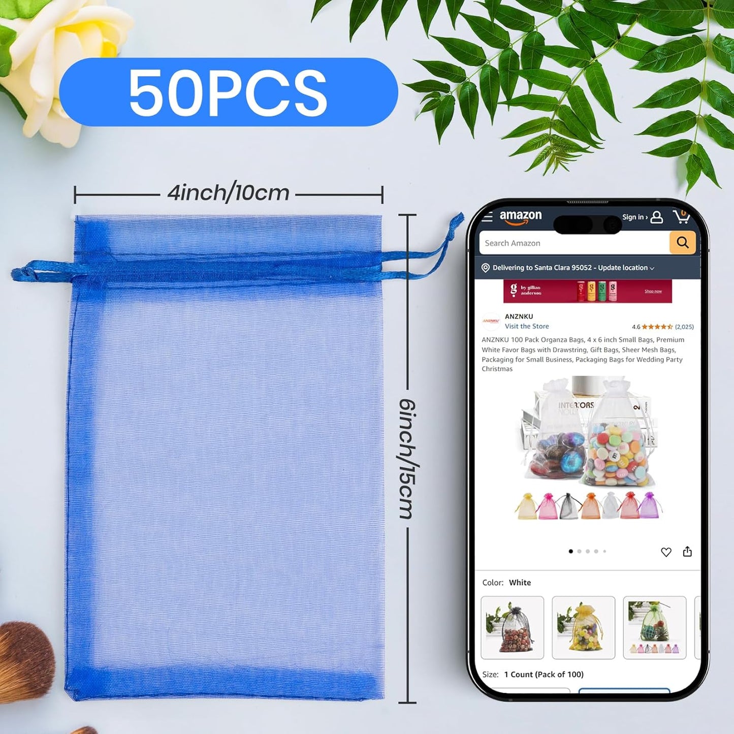 ANZNKU 50 Pack Organza Bags 4x6 Inch, Small Mesh Bag Drawstring Jewelry Pouches, Organza Gift Bags for Baby Shower, Party Favors(Royal Blue)